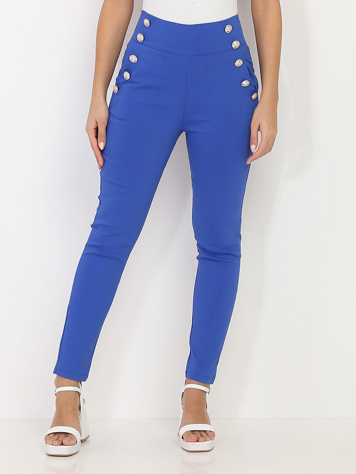 Pantalon taille haute à boutons officier- Bleu