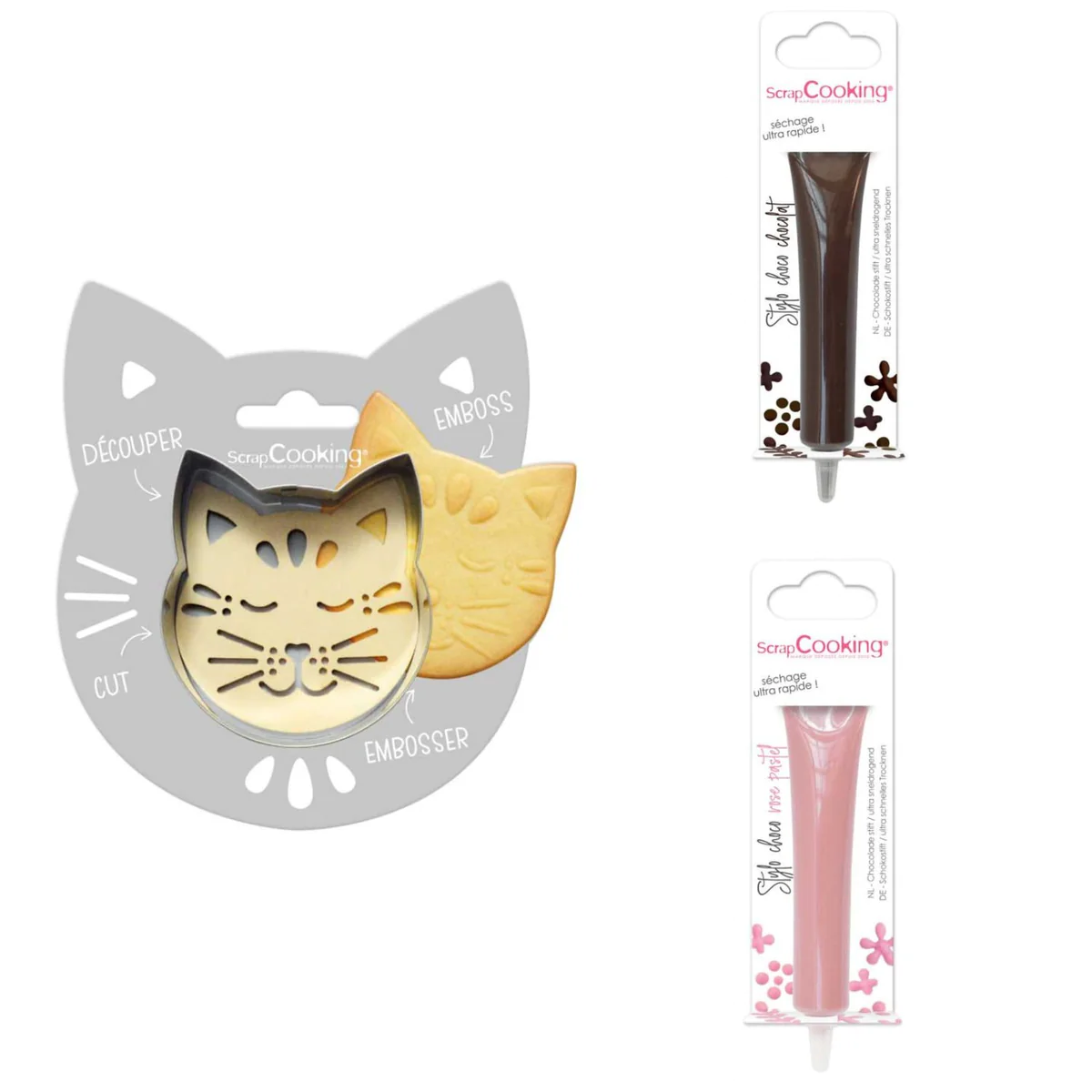 Kit pour biscuit en relief Chat + 2 Stylos au chocolat marron et rose