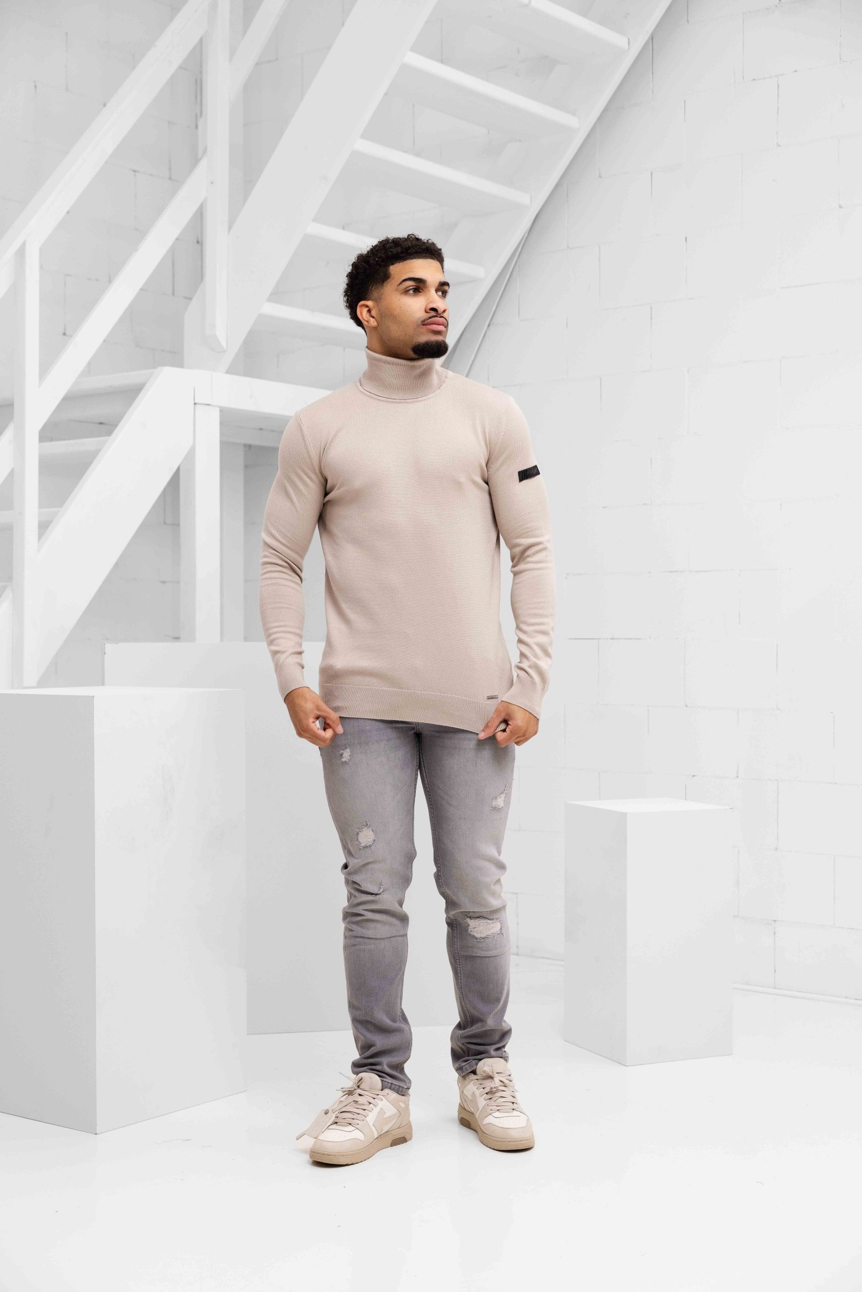Malelions Knitted Turtleneck Sweater Heren Beige