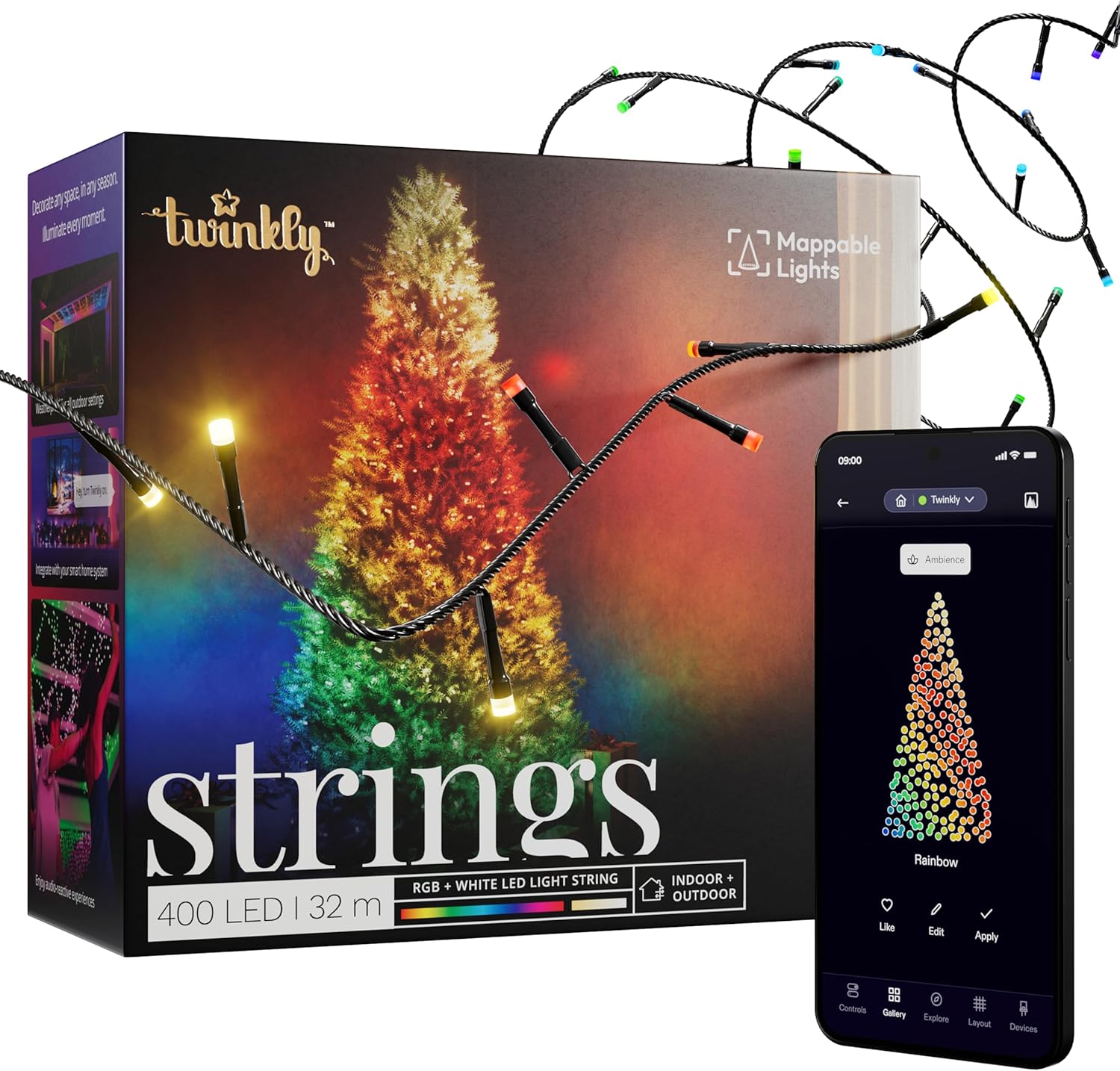 Twinkly Strings 400 LED RGB+ Weiß, LED-Lichterkette, Smarte LEDs für den Innen- und Außenbereich, Kompatibel mit Alexa und Google Home, IP44, App-Steuerung, Schwarzes Kabel, 32m