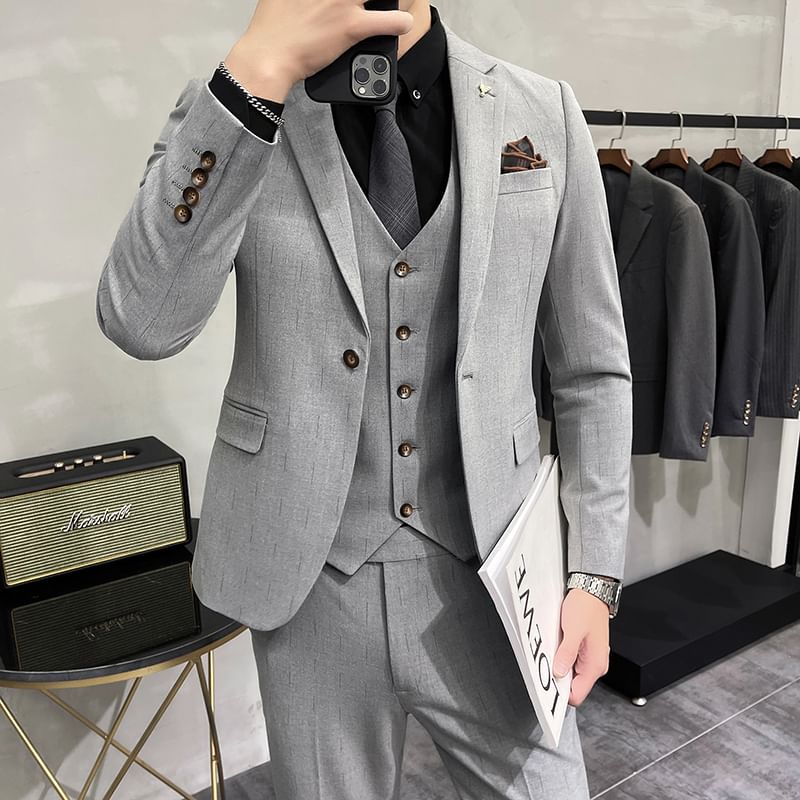 Bay Go Mall - Set: effen blazer met inkeping, revers en één knoop + rechte broek met middelhoge taille + vest met V-hals