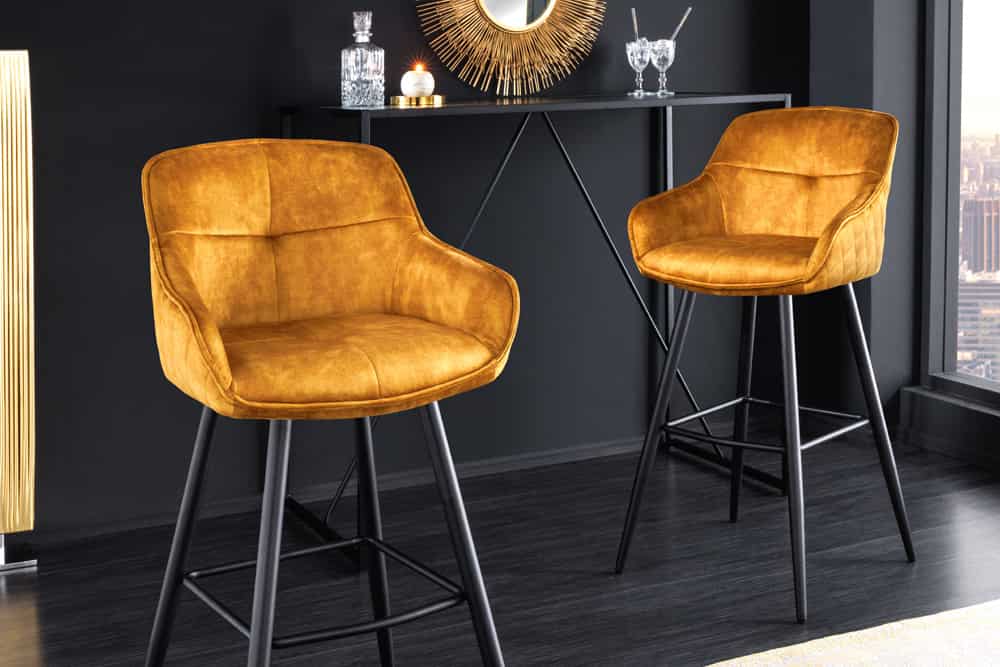 Design Barhocker EUPHORIA senfgelb Samt schwarze Metallbeine Barstuhl mit Lehne