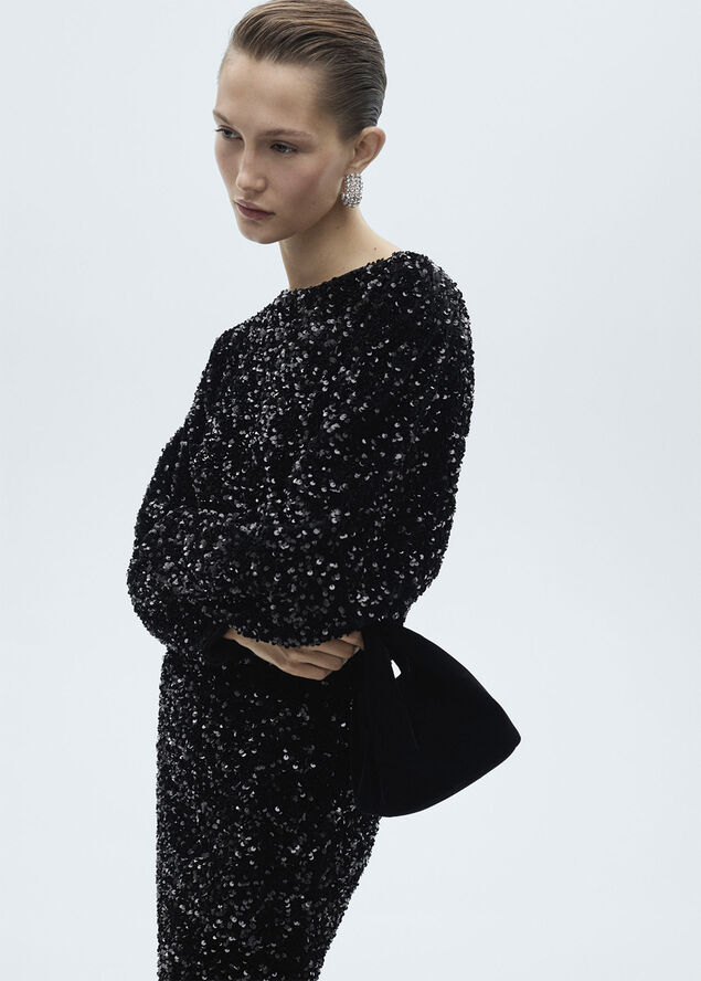 MANGO Puffed sleeves sequined dress Black