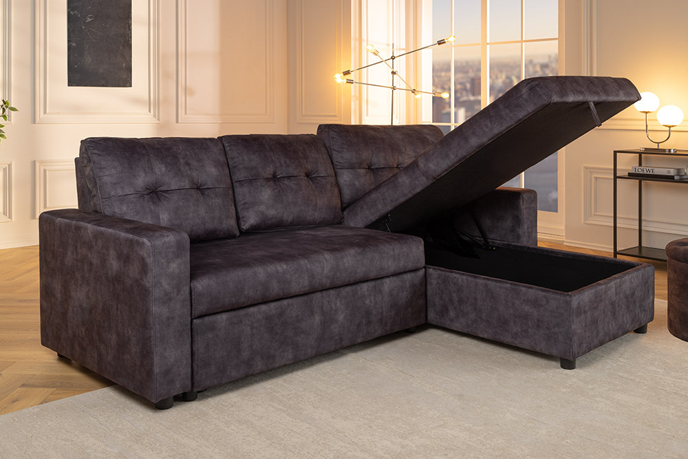 Schlafecksofa APARTMENT 205cm grau Samt 3-Sitzer inkl. Stauraum beidseitig aufbaubar