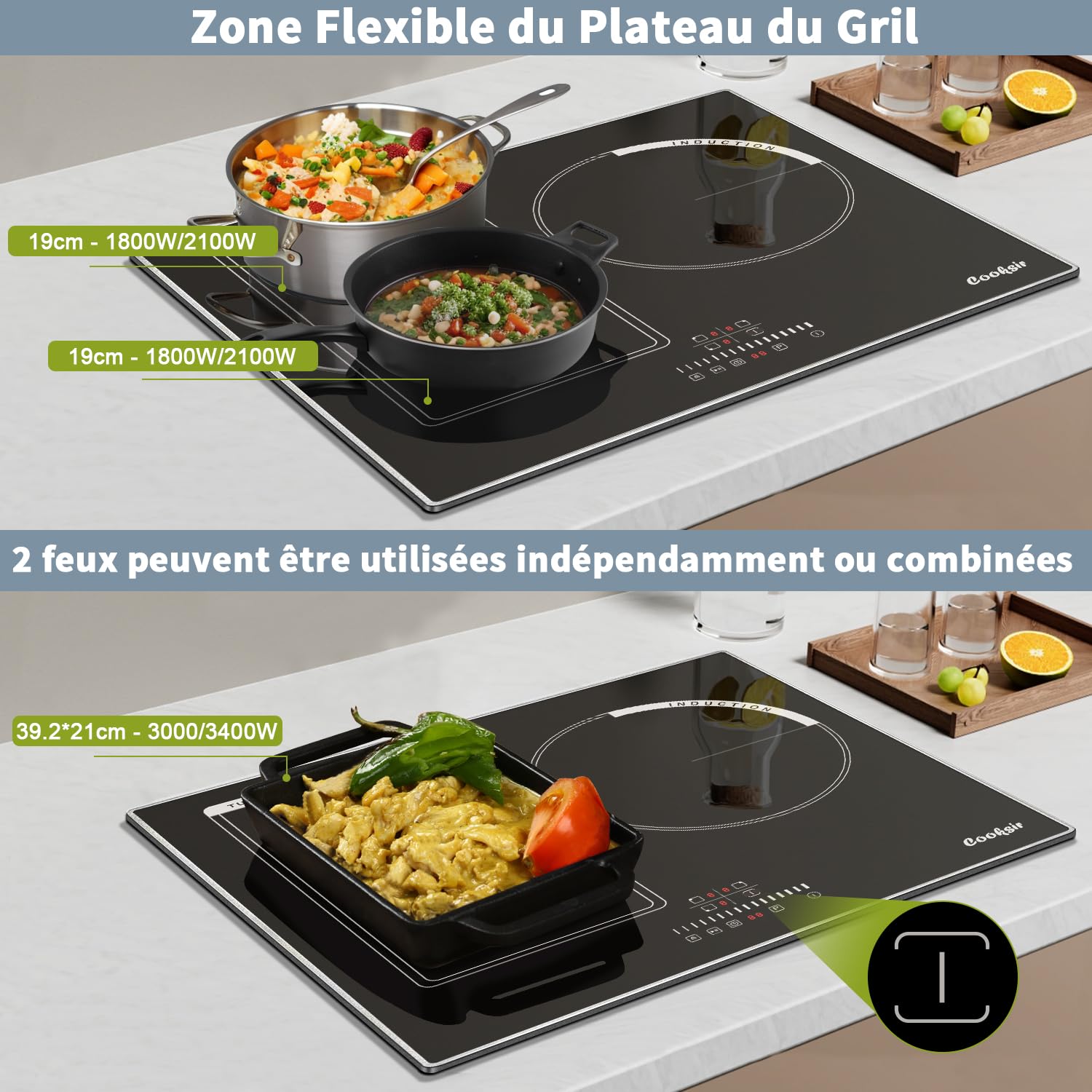 Cooksir Plaque Induction 3 Feux avec Cadre, Table de Cuisson Induction 60cm Encastrable, 6800W, Commande Tactile à Curseur, Bord Inox, Zone Flexibles