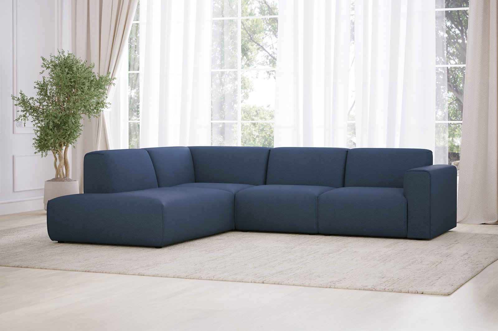 Monaco Lux 2,5-seter med åpen ende venstre Tekstil Brego 86 Blue med sorte ben. Lux komfort.