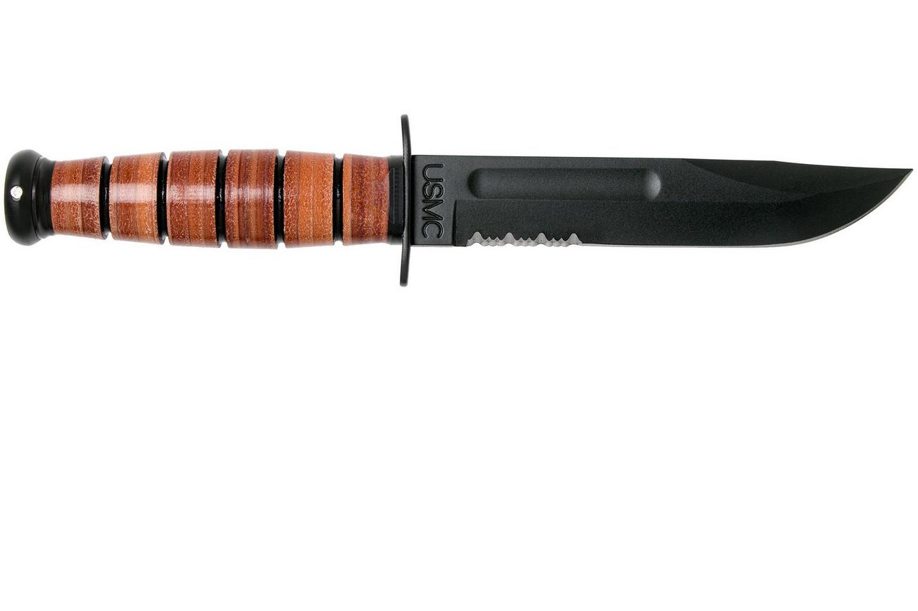 KA-BAR Short USMC 1252 deels gekarteld, vaststaand mes, lederen foedraal