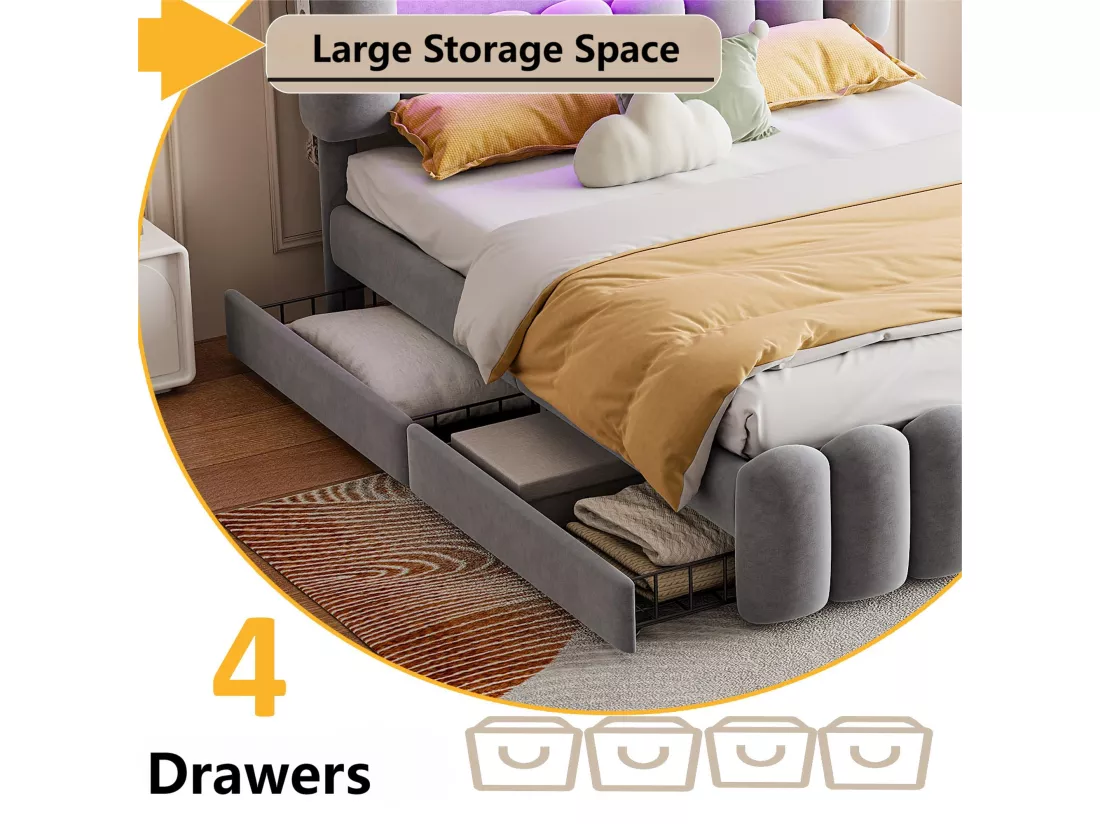 Lit rembourré en velours - 160x200cm - 4 tiroirs + LED + Ports de recharge + Lecteur - Gris