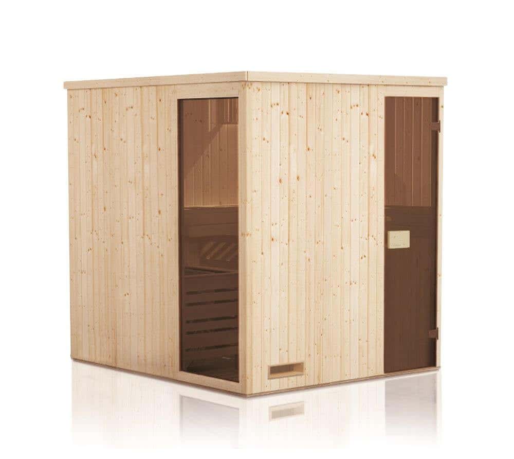 FinnTherm Miranda binnensauna met 2 houten banken, saunacabine met 40 mm wanddikte, stoomsauna inclusief montagemateriaal, natuurlijke afwerking, 1,9 x 1,4 m