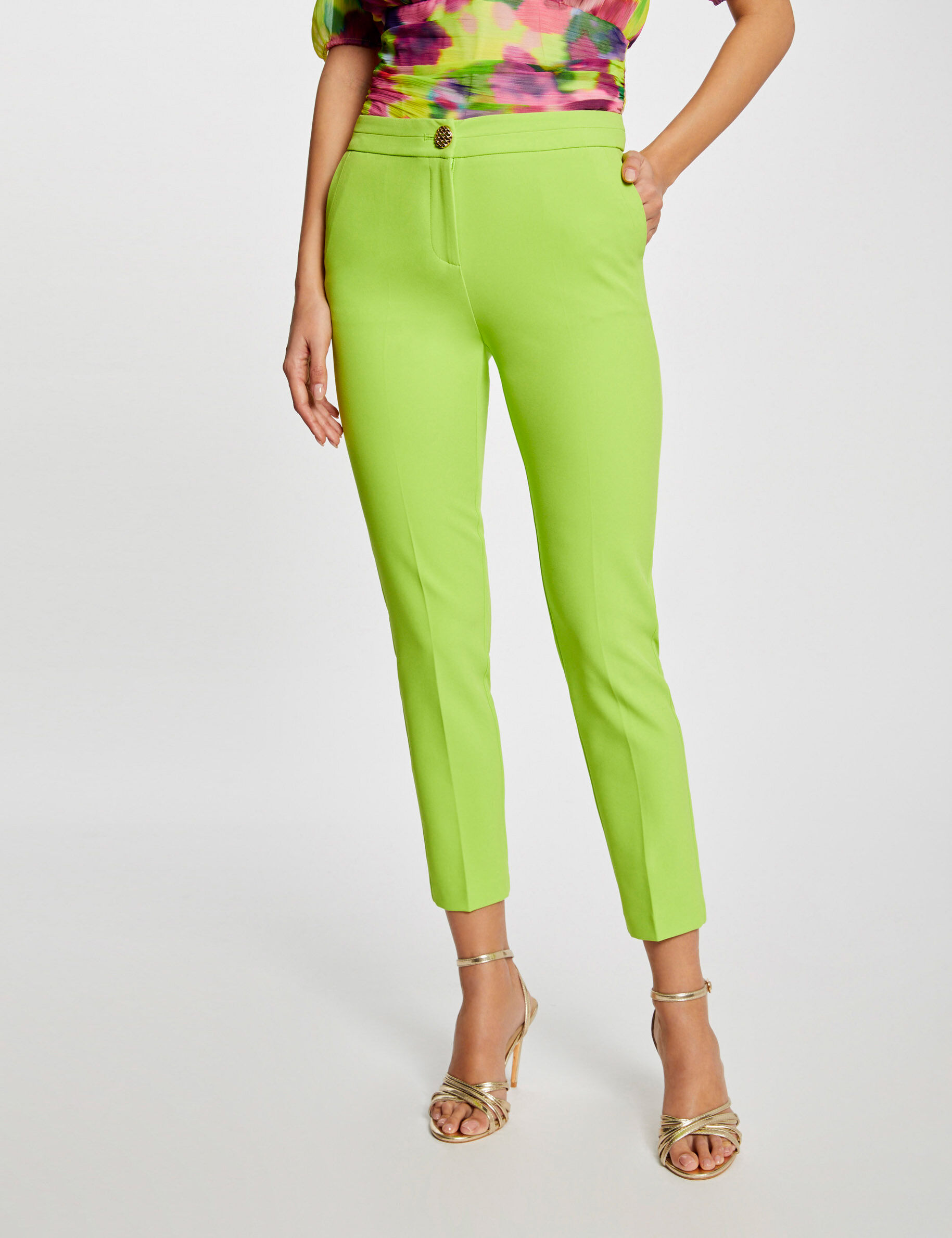 Pantalon city ajusté 7/8ème à pinces anis femme - anis