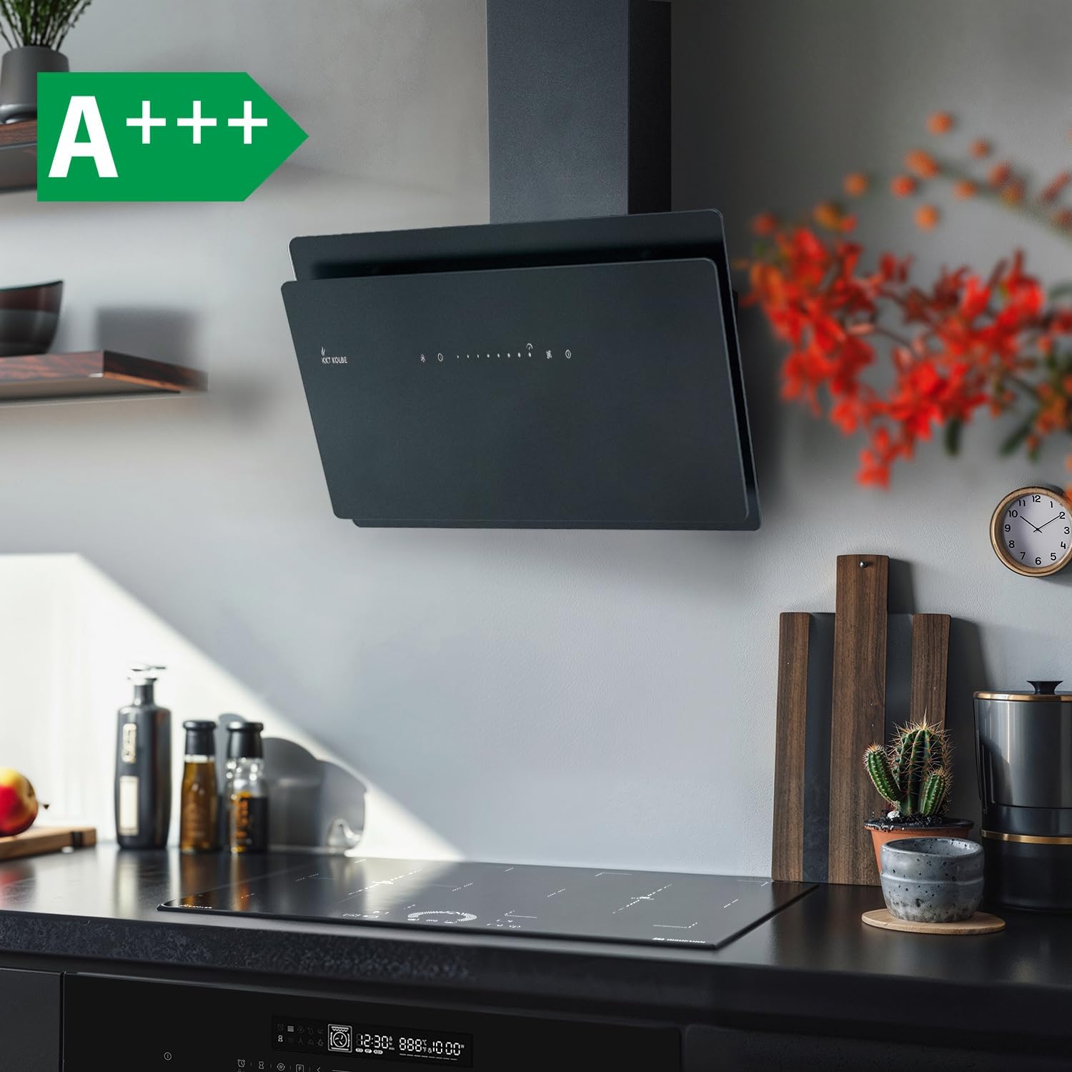 KKT KOLBE A+++ Dunstabzugshaube 90 cm 782 cbm/h | Umluft | Abluft | Kopffrei | Wandhaube | Schräghaube | Schwarz | Glas | Nachlaufautomatik | SensorTouch | LED-Beleuchtung | SOLO9005S