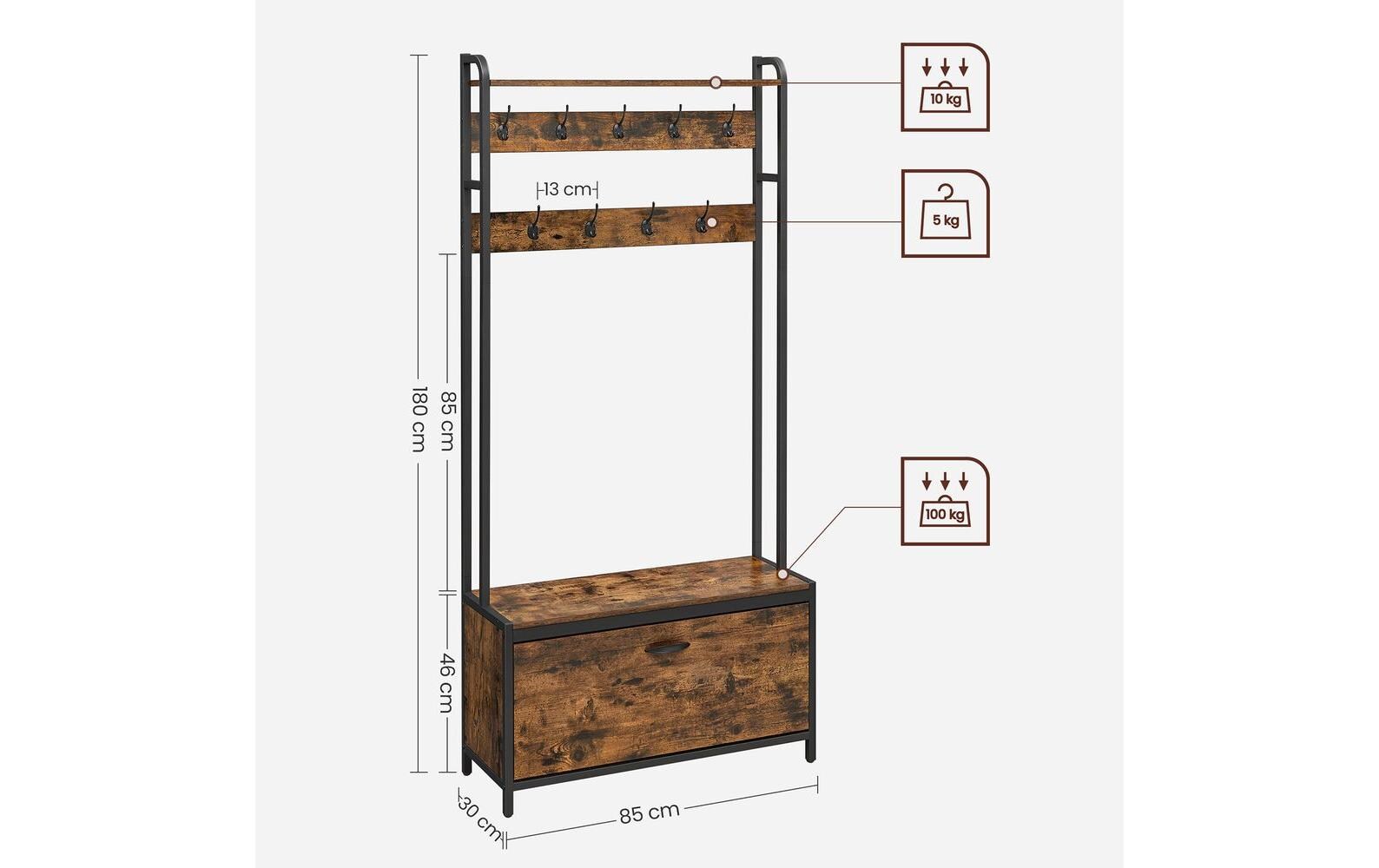 Wandgarderobe 85 cm x 180 cm, Braun/Schwarz<br>Garderobe mit Schuhschrank