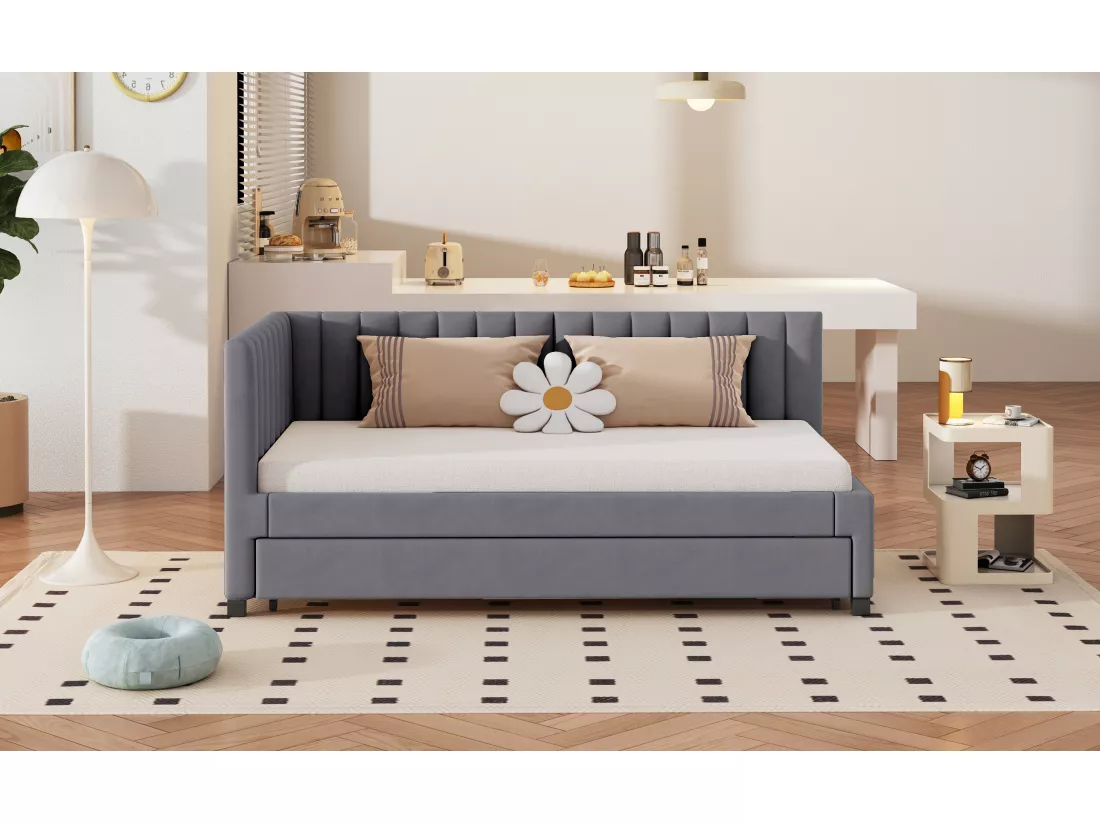 Lit gigogne 90 x 190/200 cm - canapé lit en velours - sommier à lattes - gris