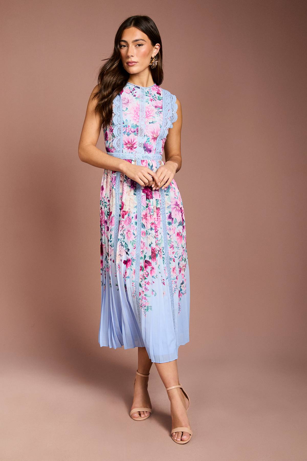 Coast Robe Midi À Jupe Plissée Imprimée Avec Finitions En Dentelle