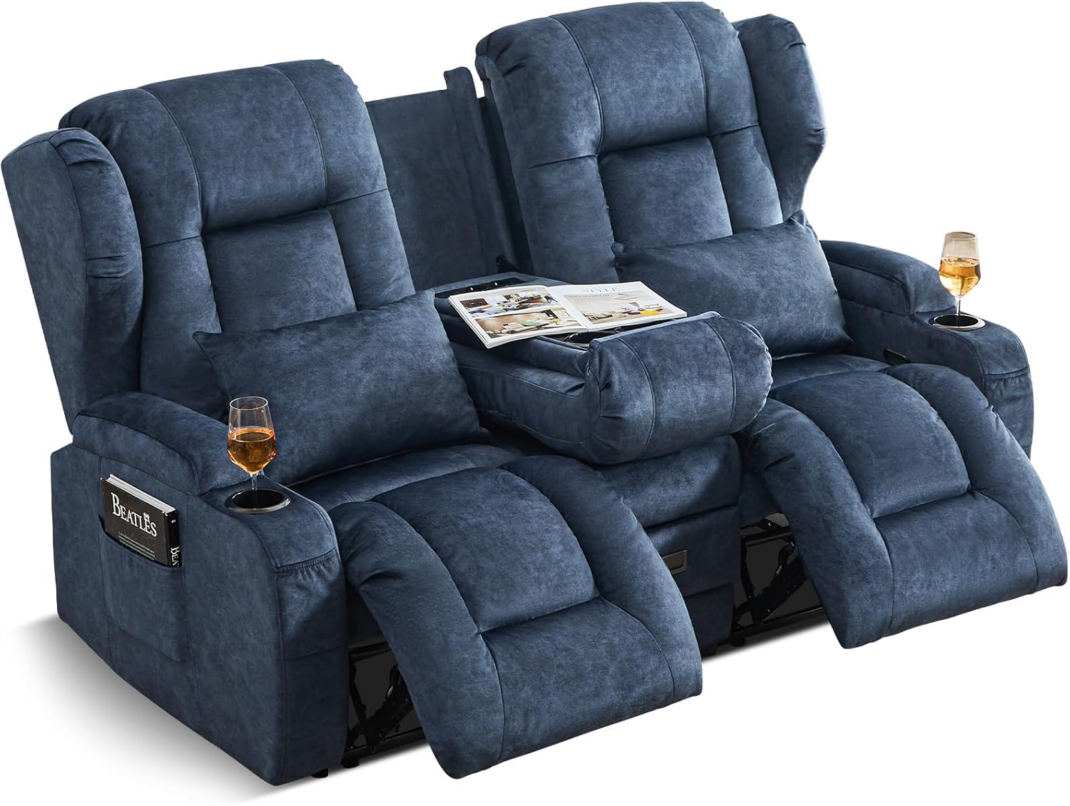 SAMERY Relaxsessel mit Liegefunktion Fernsehsessel Manuell Verstellbar, Zweisitzer Sofa Kinosessel 2 Sitzer Sofa TV Sessel Heimkino mit Getränkehalter/Schublade/Buchse, Velours