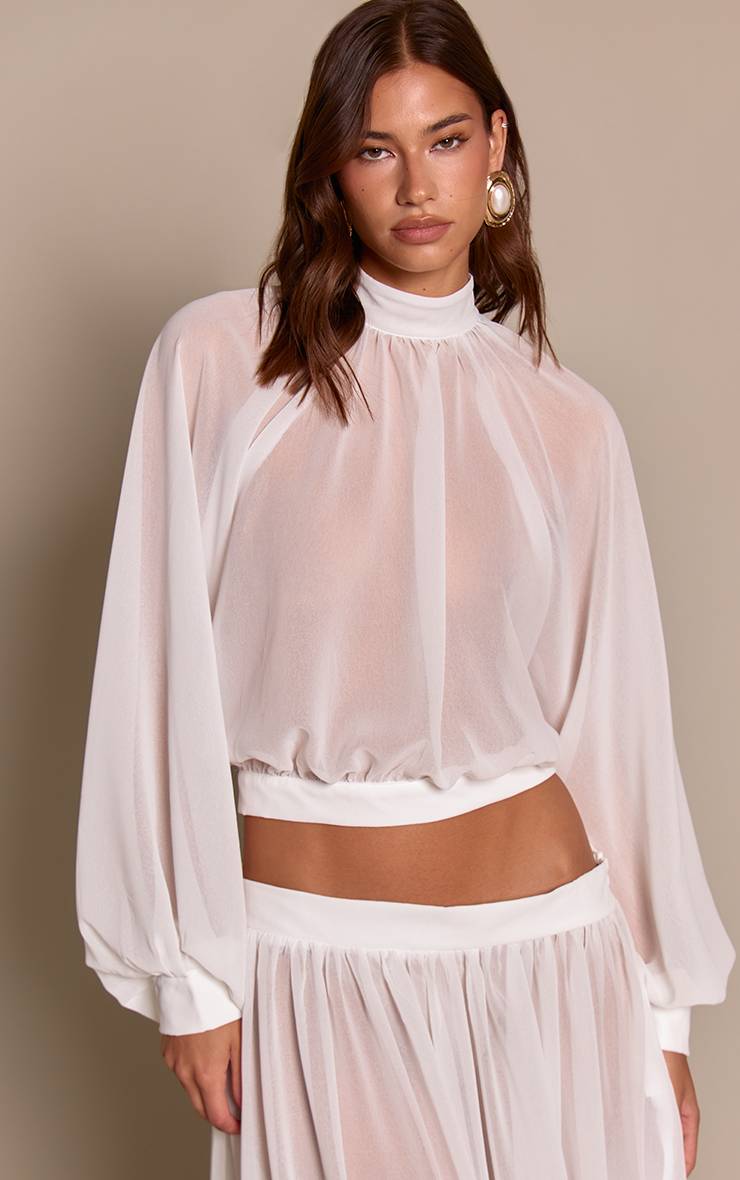 Blanc Blouse Co-ord Dos Nu Manches Ballon En Mousseline Transparente