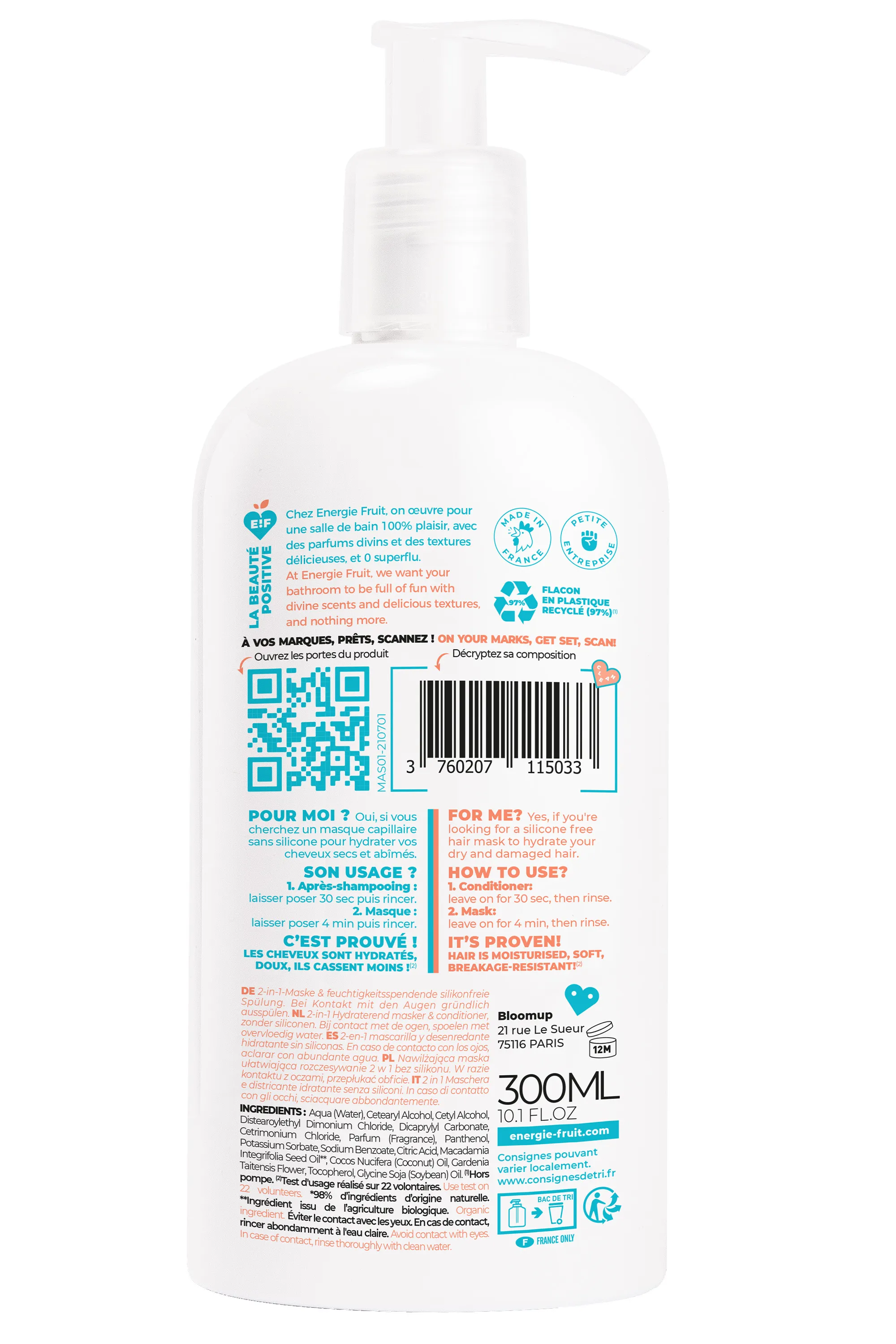 Energie Fruit Masque capillaire 2-en-1 au monoï & huile de macadamia-300 ml