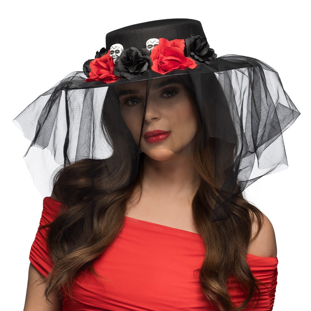 Halloween Hoed Zwart Rood Bloemen