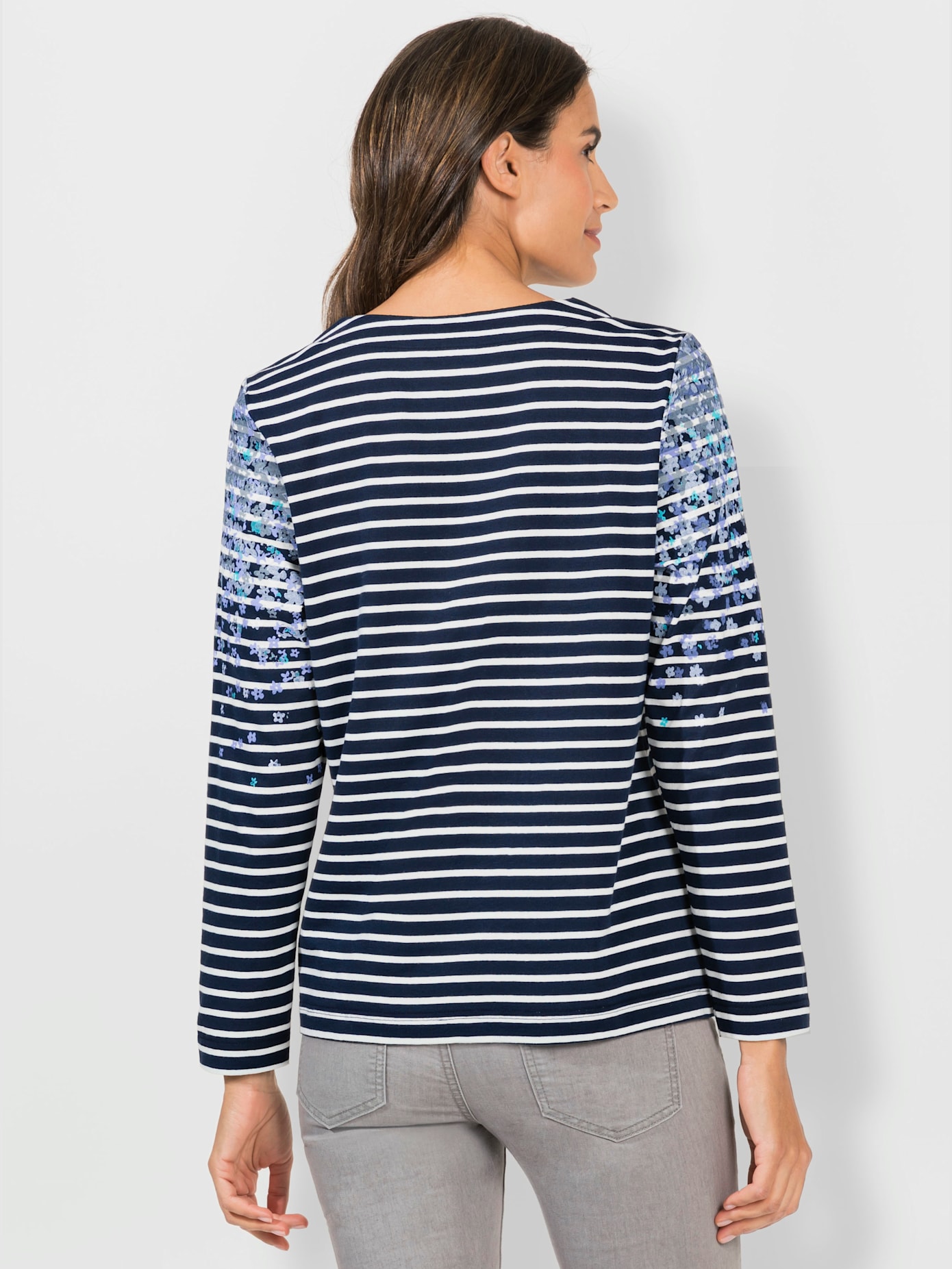 T-shirt rayé imprimé fleurs col rond manches longues