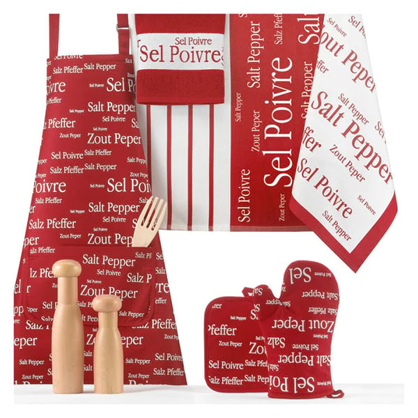 Set manique, gant, torchon et tablier rouge sel & poivre Winkler