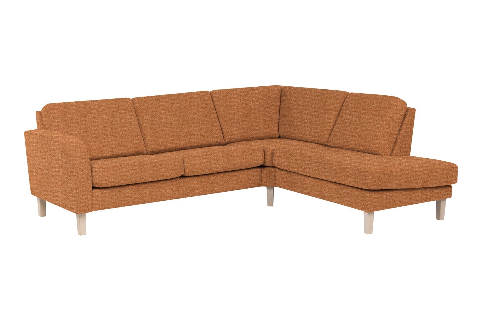 Slogen hjørnesofa Oppsett AH. 2,5-seter med åpen ende høyre. Tekstil Viva Rust med standard ryggpute. Vange A og hvitpigmentert ben 178.