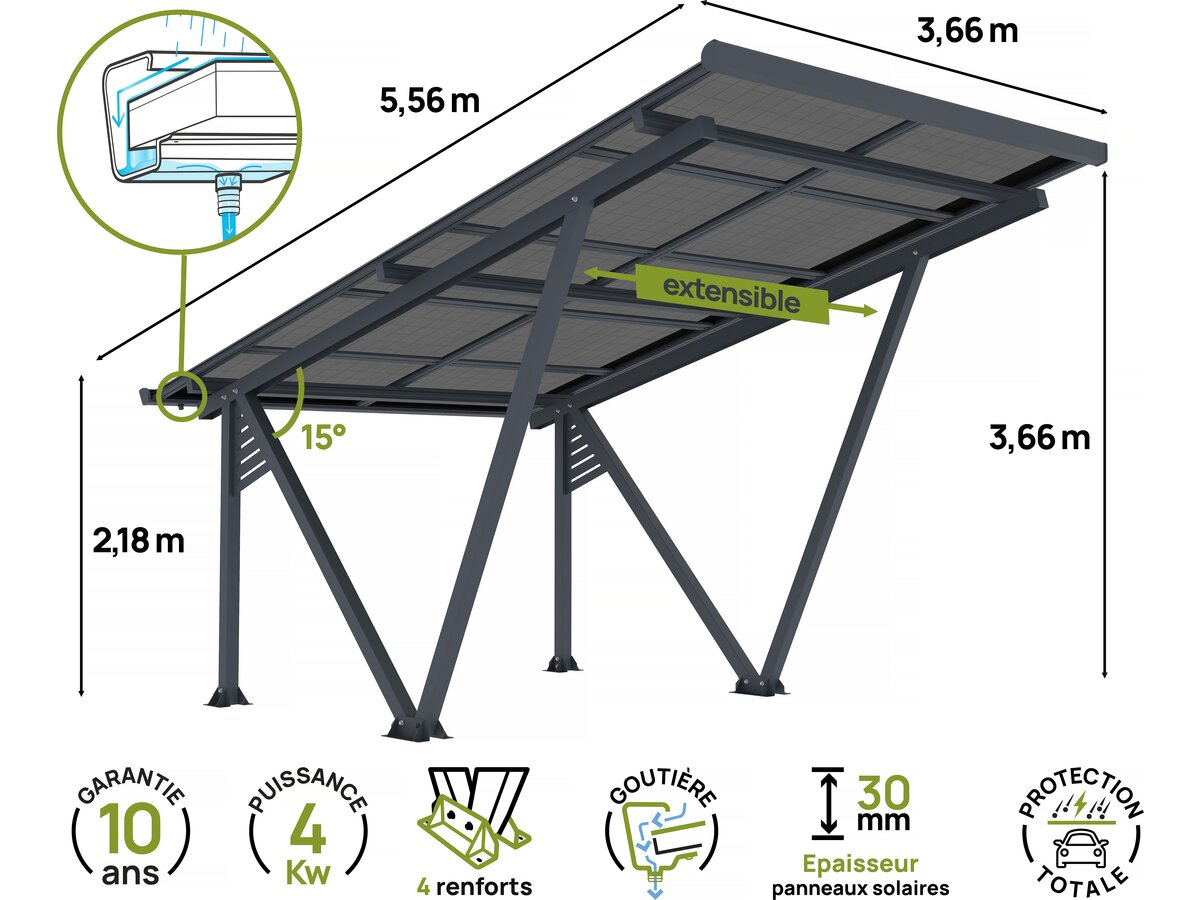 Carport solaire avec panneaux solaire intégrés - 366 x 556 x 366 cm - gris - 4,1 kw
