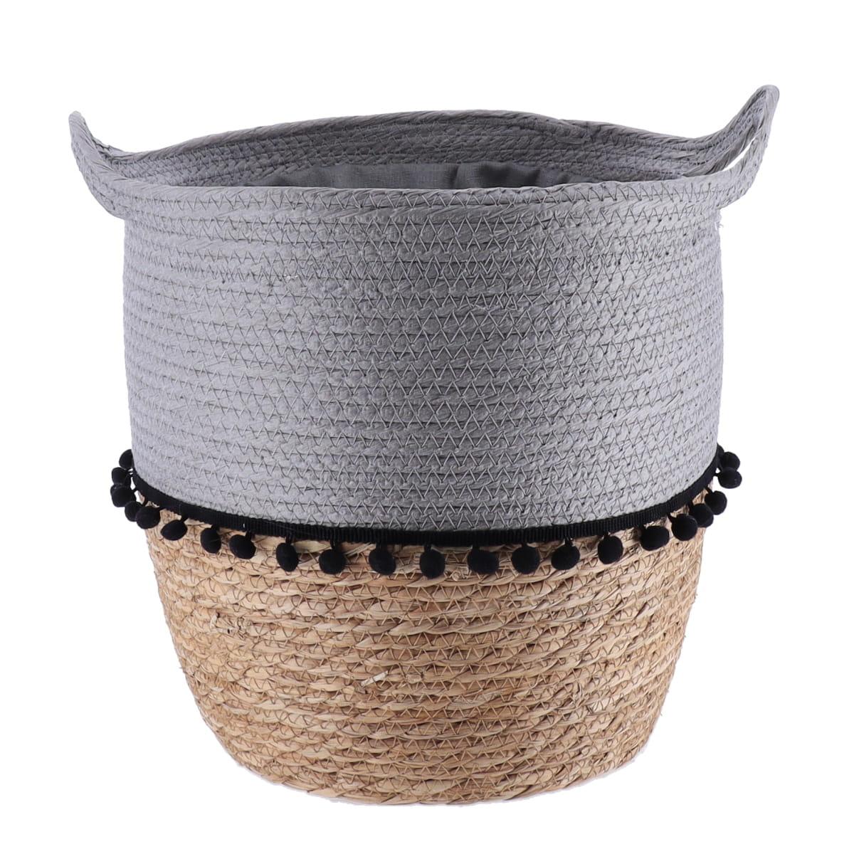 PANIERE RONDE DECO POMPONS D.32X38CM GRIS NATUREL