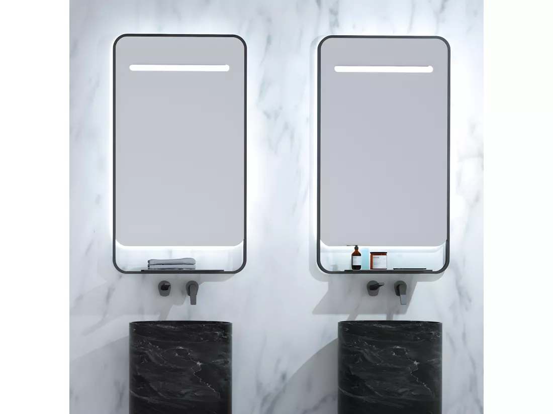 Miroir Salle de Bains Lumineux CONCEPT Anti-Buée et Éclairage Périmétral Triled Chargeur Induction Noir Mat 80x90cm LEDIMEX by SANIZÉO