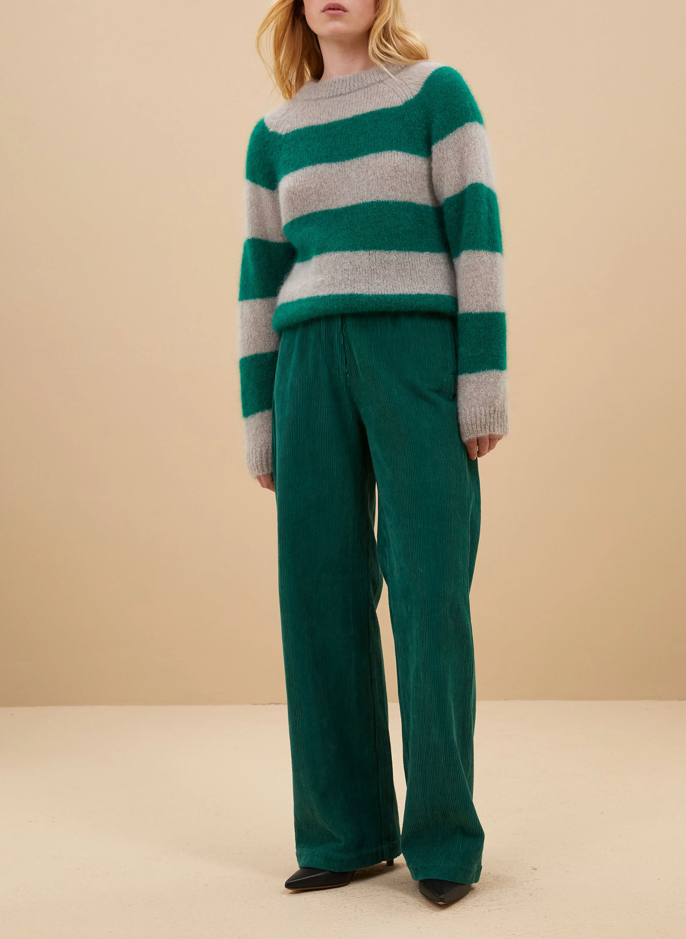 SIAN - Pull droit rayé en mohair mélangé | Vert