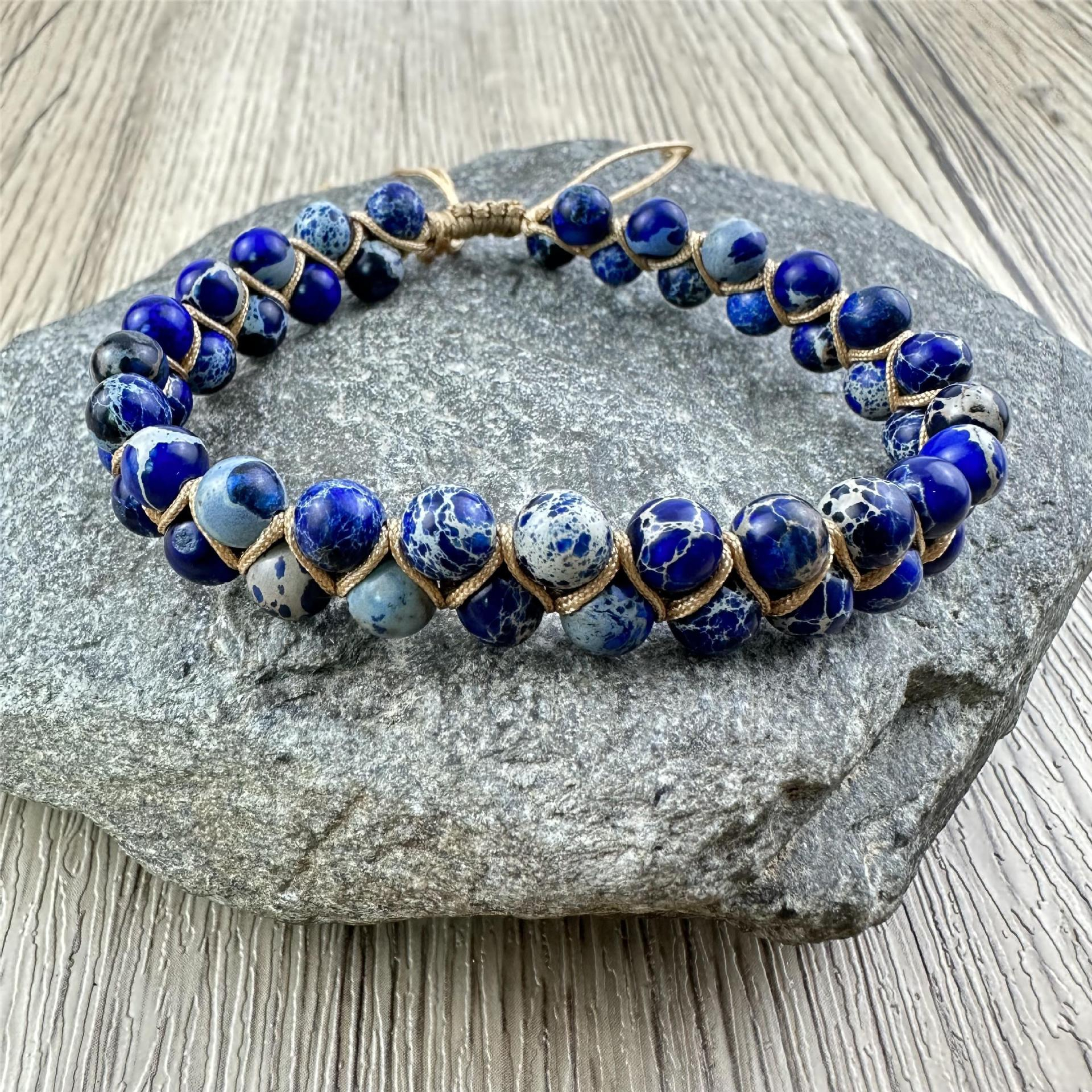 (160-235mm) Geflochtenes Nylon Naturstein Armband Edelstein Modeschmuck Armkette - Jaspis Blau