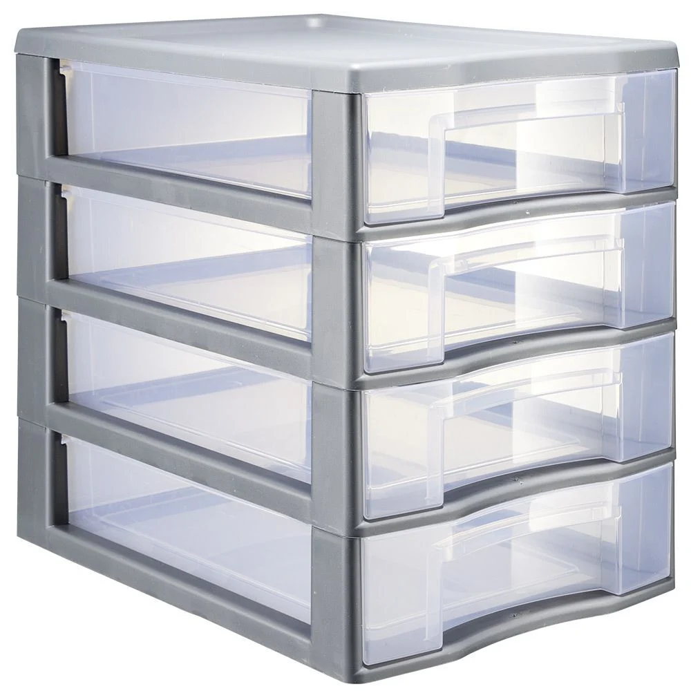 Tour de rangement 4 tiroirs format A4 transparent et gris