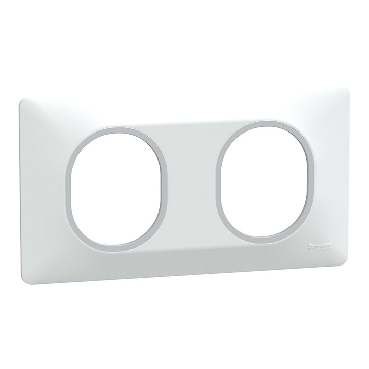 Plaque de finition double Schneider Electric Ovalis blanc bague argent chromé - pose horizontale