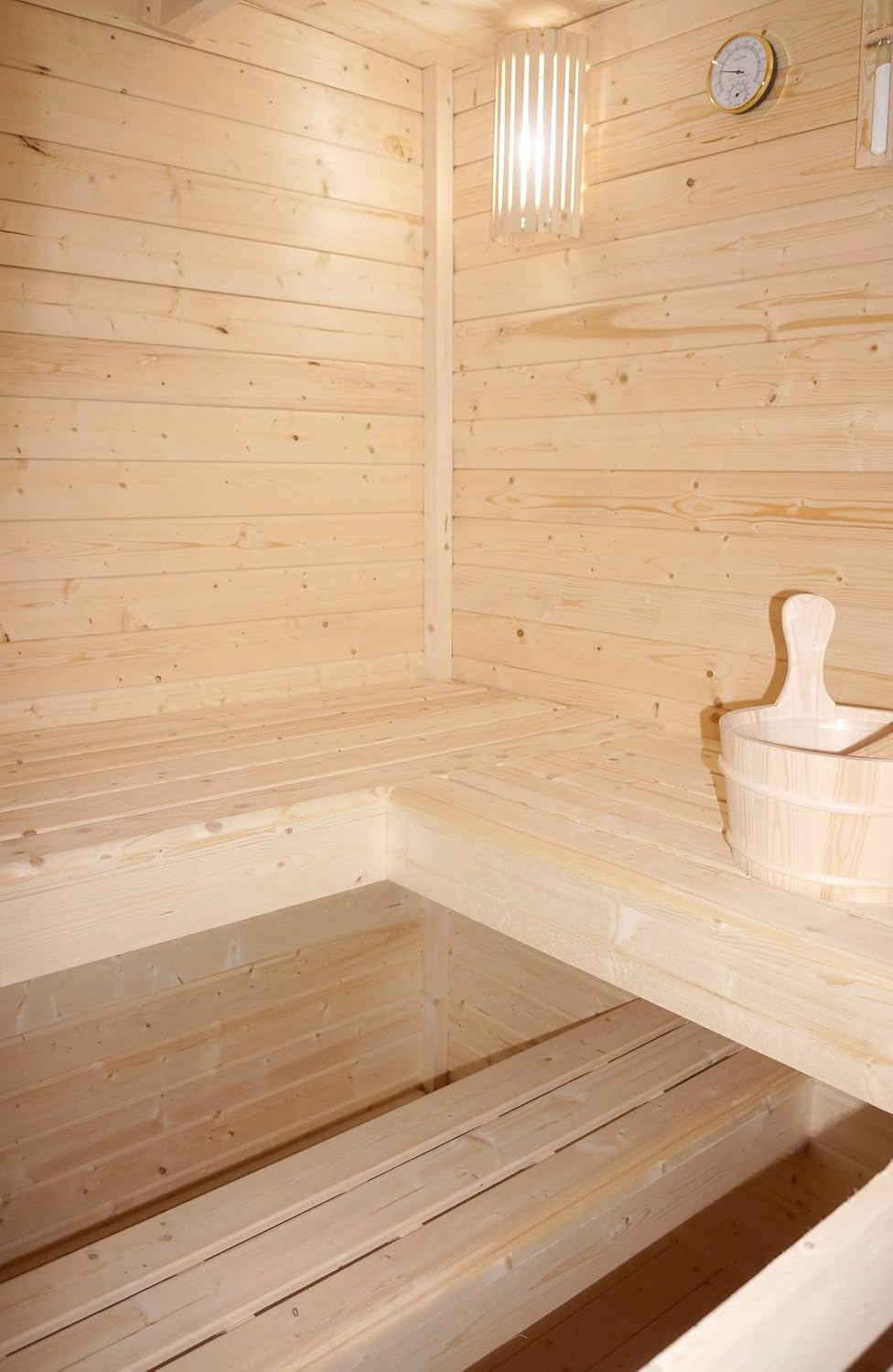 SANOTECHNIK Outdoorsauna VAASA – Außensauna für 4–6Personen 310×230×219,5cm, Harvia8kW Ofen, Thermo-Fichtenholz, ESG-Glas – Art.Nr. F30130