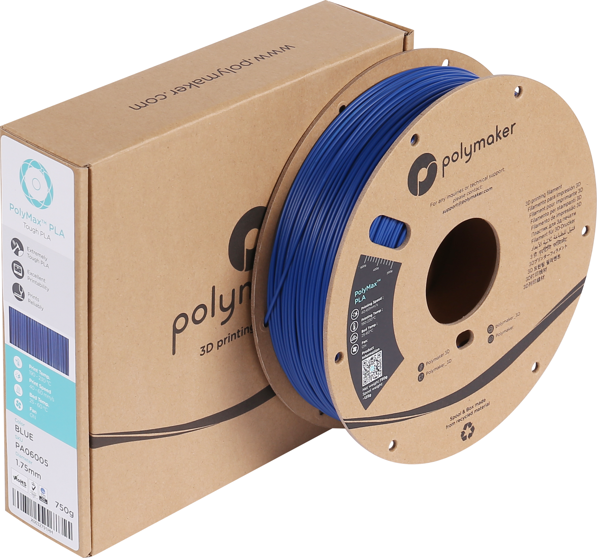 Polymaker  PolyMax PLA Blau, 1,75 mm (750 g)    Das blaue Filament mit 9-fach höherer Belastbarkeit als herkömmliches PLA