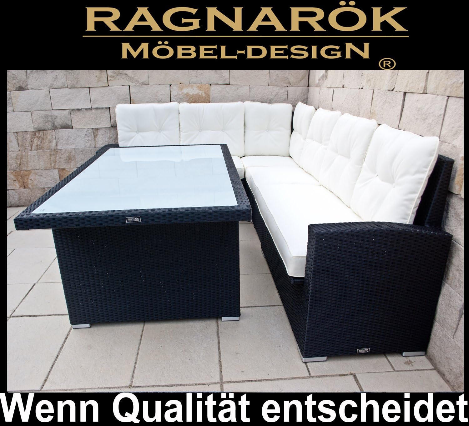 Ragnarök-Möbeldesign PolyRattan Ecklounge DEUTSCHES Familienunternehmen seit 1928 EIGENE Produktion - 8 Jahre GARANTIE - Gartenmöbel Essgruppe Tisch hohe Dining Polyrattan Aluminium Schwarz