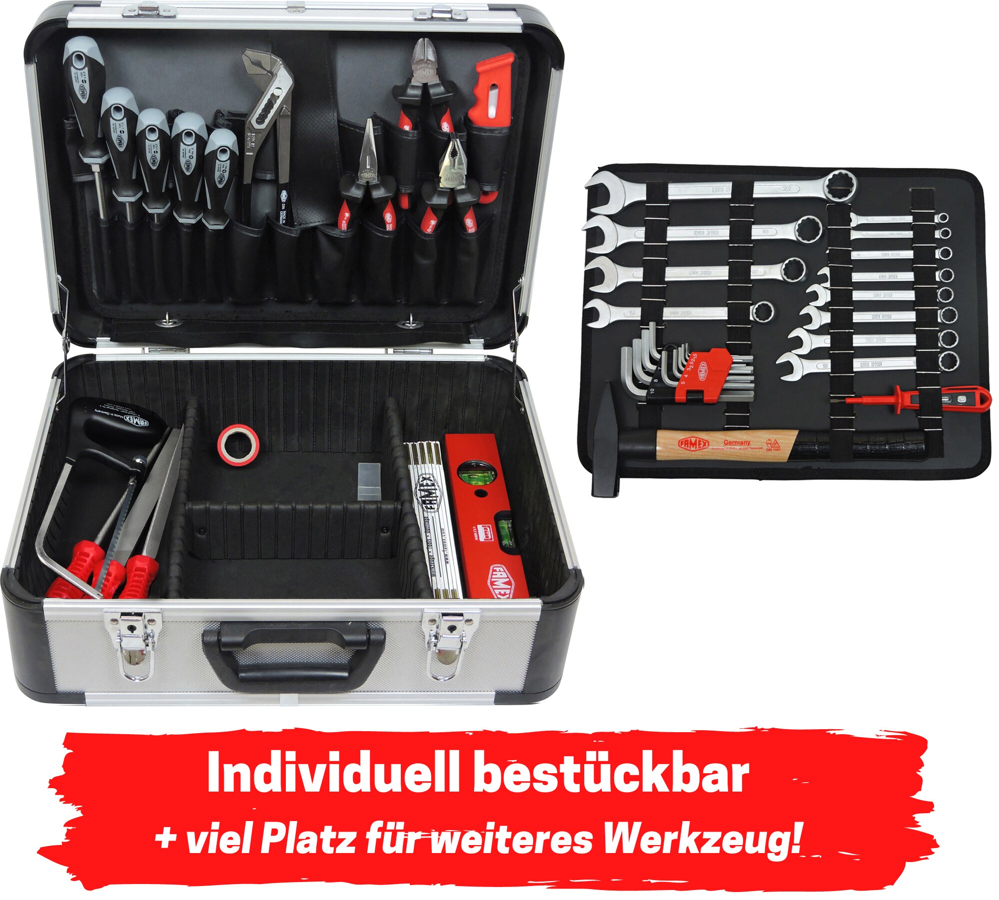 FAMEX 729-18 Werkzeugkoffer gefüllt mit Werkzeug und Steckschlüsselsatz