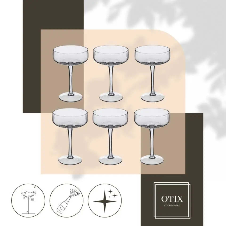 OTIX Champagnecoupe Glazen 6 Stuks Reliëf Ribbel Smoke Glas Grijs