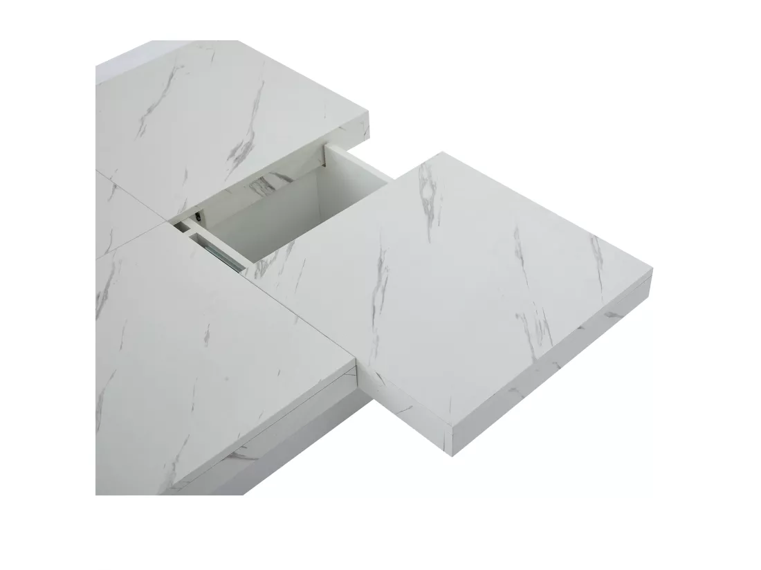 Table basse carrée moderne blanche effet marbre 4 tiroirs plateau coulissant 90x90x25cm Khekried