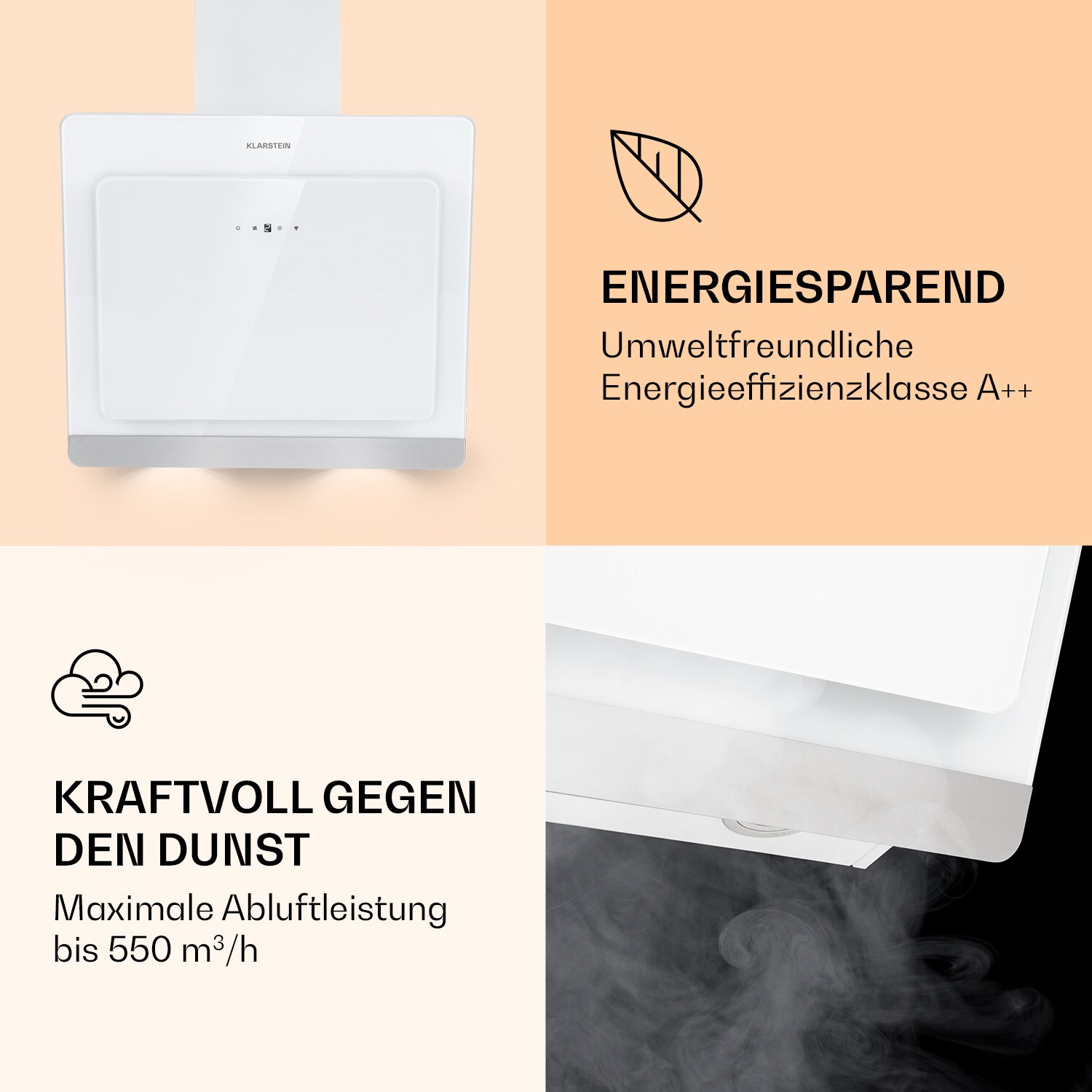 Aurora 60 Smart Dunstabzugshaube 550 m³/h 60cm kopffrei Ambiente-Licht EEC A++ Weiß