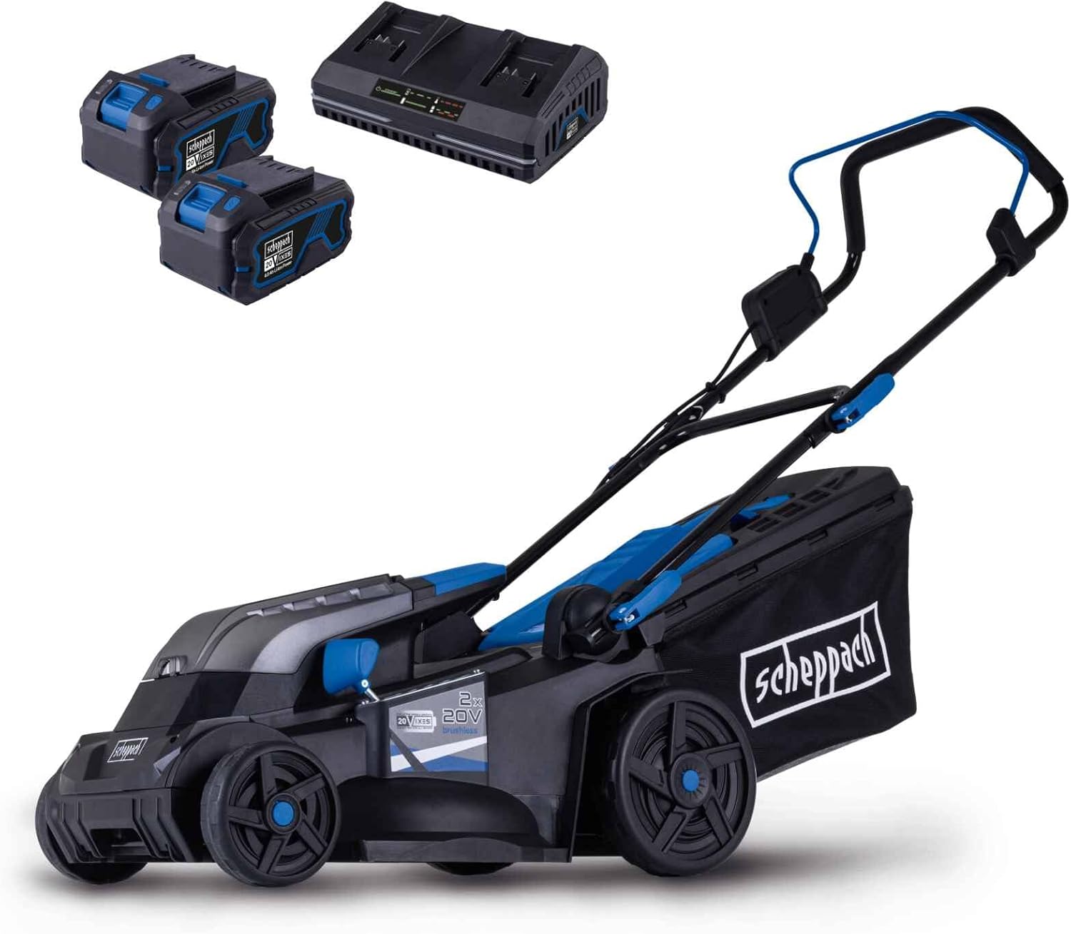 Scheppach Akku Rasenmäher BC-MP380-X | 38cm Schnittbreite | für 450-500m2 | 45L Korb | Schnitthöhe 25-75mm | Brushless | 20V-IXES-Serie | 10 Jahre Garantie | 2x4Ah Akku & Fastcharge Doppelladegerät
