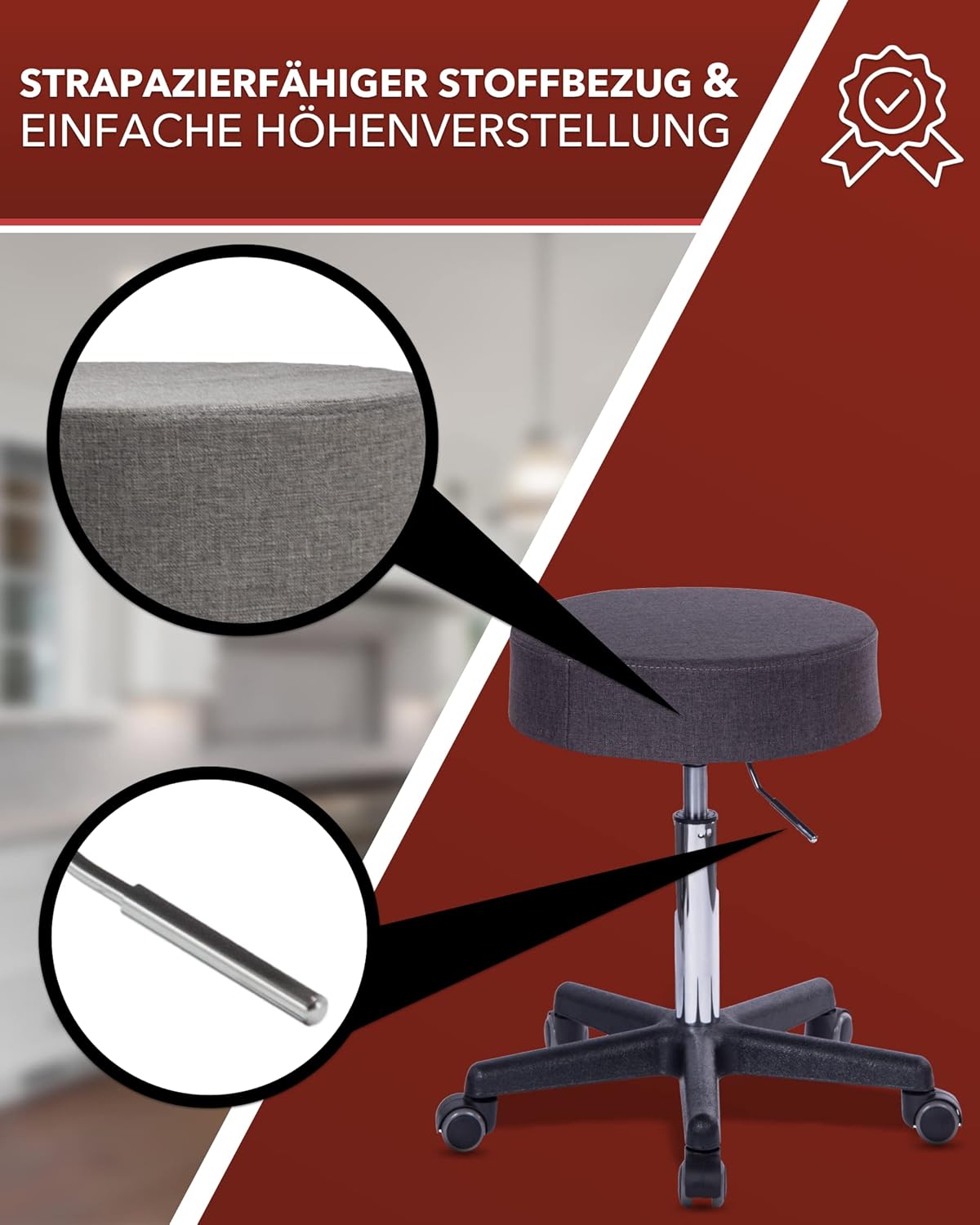 XL Profi Rollhocker höhenverstellbar - 40 cm Sitzbreite - Sitzhöhe bis knapp 70cm - Arzthocker Arbeitshocker Bürohocker Praxishocker Drehhocker Sitzhocker (Stoffbezug grau)