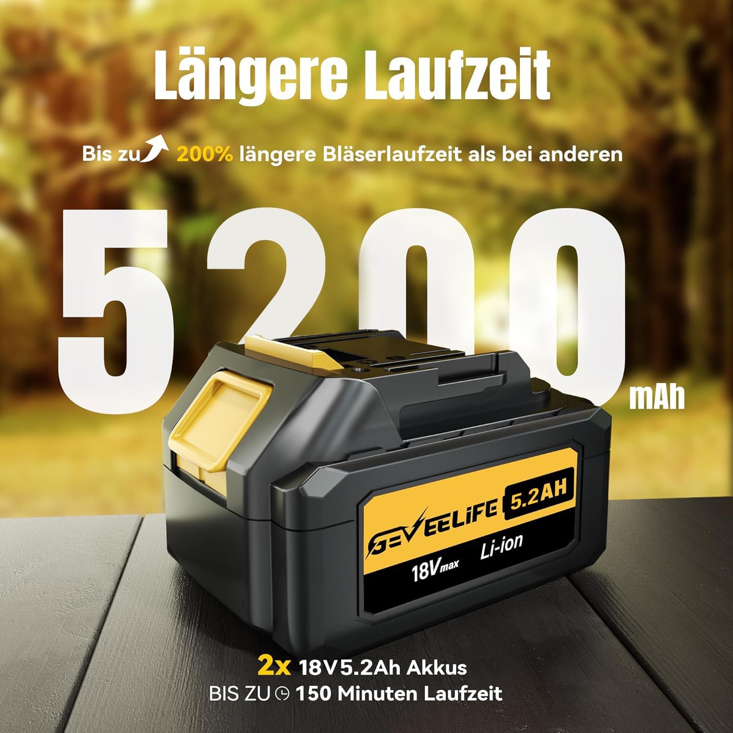 GEVEELIFE Akku-Laubbläser, 18V 257 km/h Elektrischer Laubbläser mit 3-Gang & 2x5,2Ah Akkus –Kabellos laubbläser für für Garten, Laub,Staub & Schnee (Inklusive Batterie), Gelb