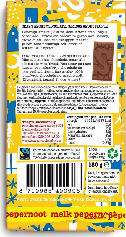 Tony's Chocolonely - Chocoladeletter - Melk Pepernoot - 180 Gram - Fairtrade Belgische Chocola