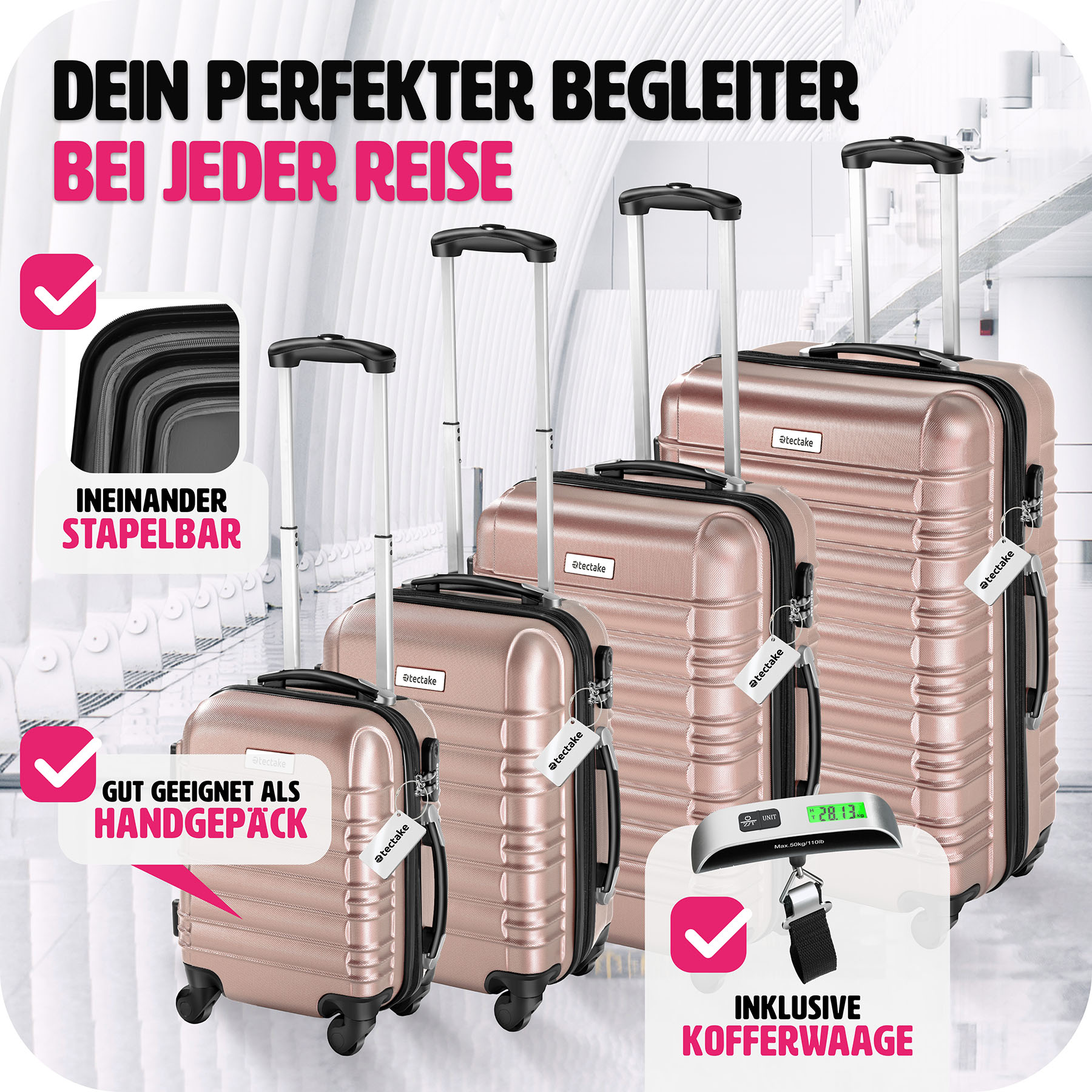 tectake® Hartschalenkoffer-Set, 4-teilig aus robustem ABS-Kunststoff inkl. Kofferwaage und -anhänger, 360° drehbare, abnehmbare Rollen, mit Sicherheits-Zahlenschloss