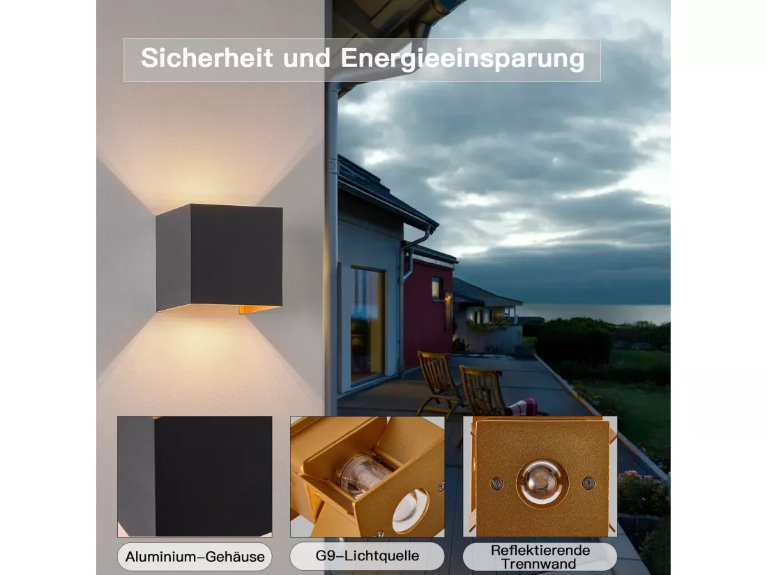NETTLIFE Applique LED 3W -G9 Lampe Murale Extérieur/Intérieure Noire et Dorée，étanche double faisceau réglable IP65 230V 3000K