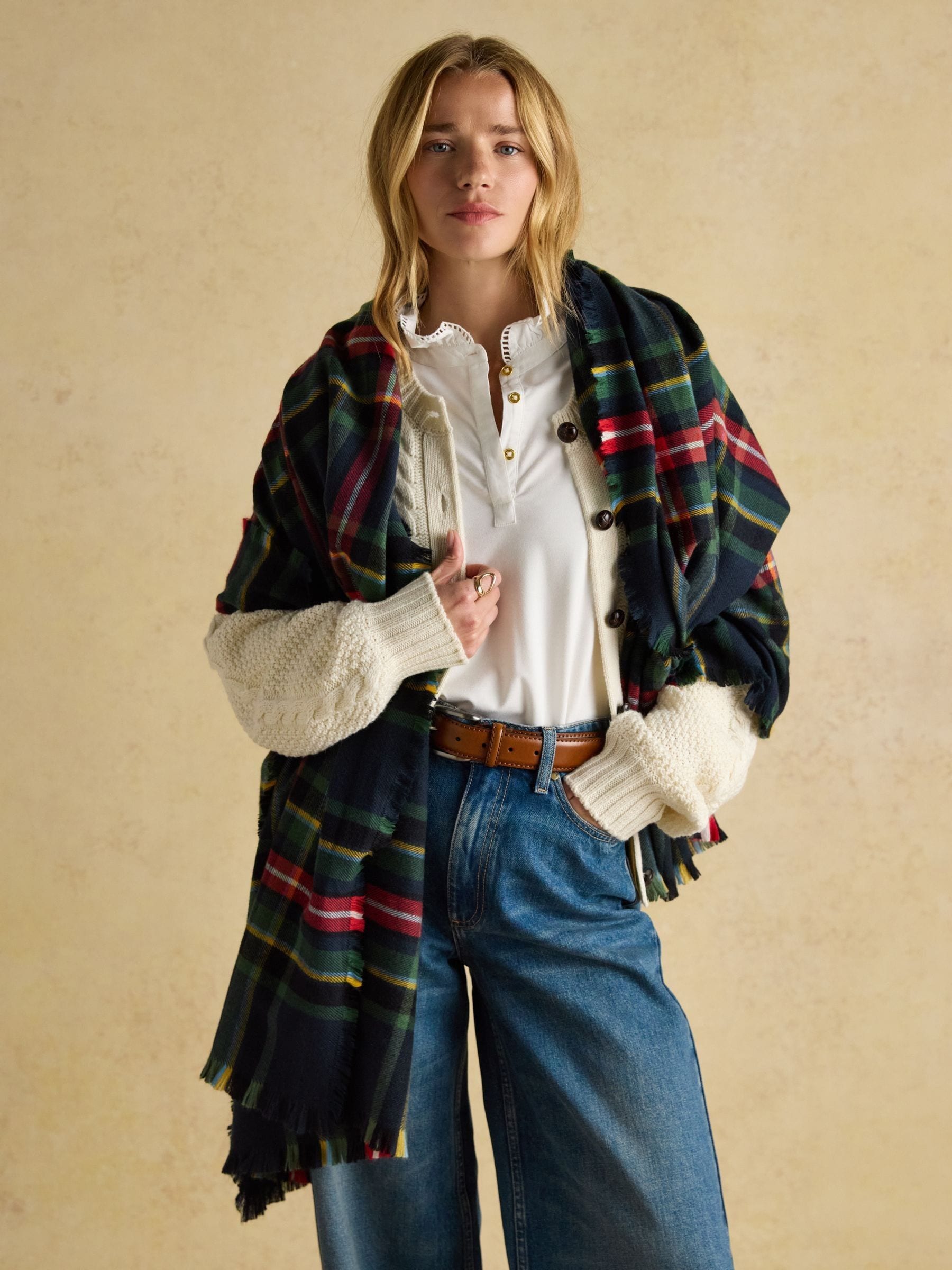 Red & Navy Tartan Check - Joules Bracewell Large Scarf