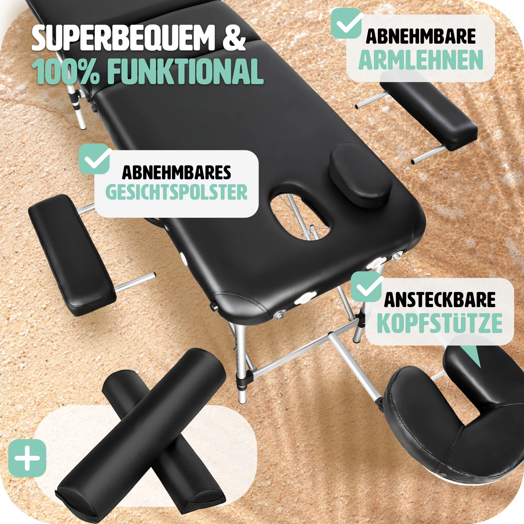 tectake® 2 Zonen Massageliege, inklusive Lagerungsrollen und Tragetasche, klappbar und höhenverstellbar, 210 x 95 x 63 - 89 cm