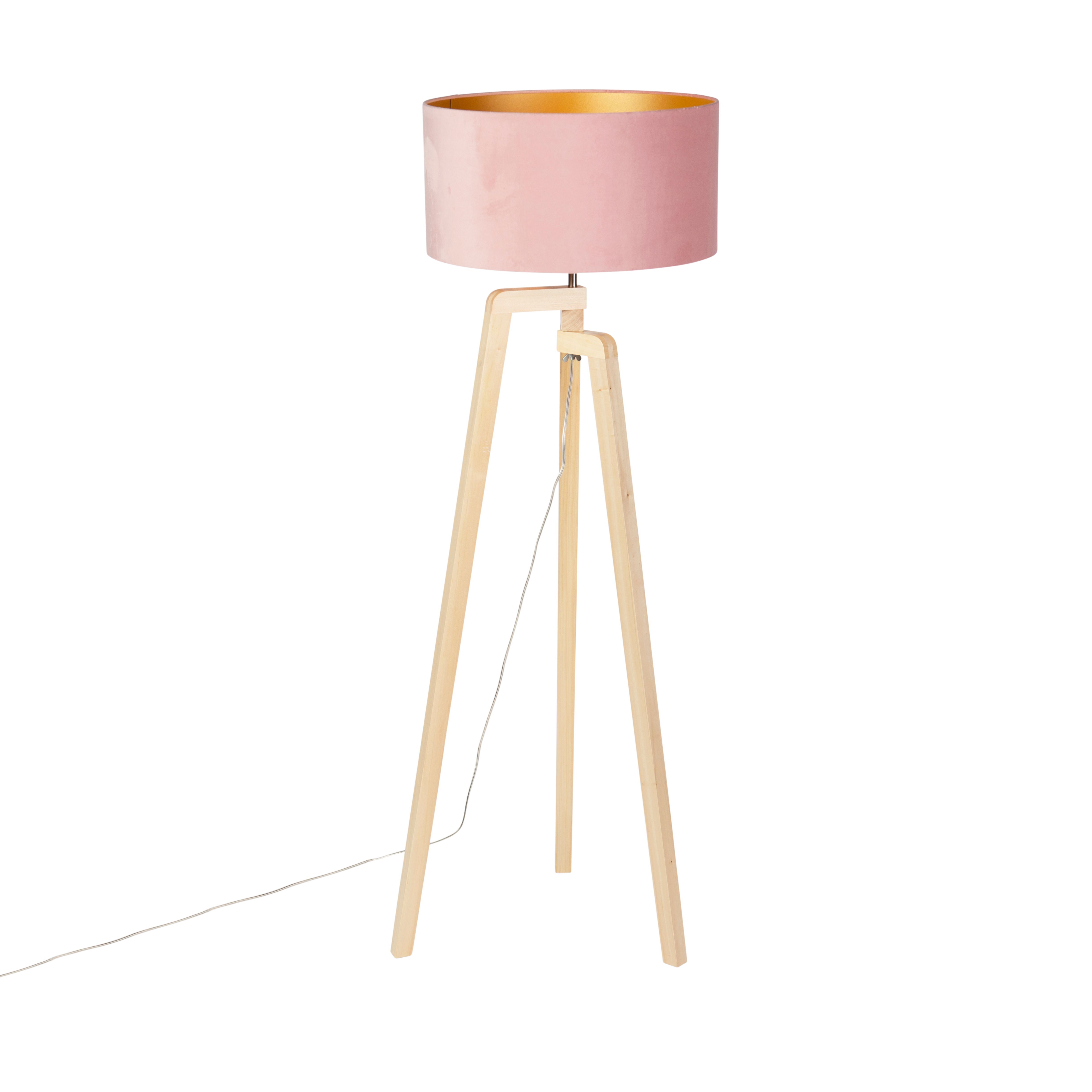 Vloerlamp tripod hout met roze velours kap 50 cm - Puros