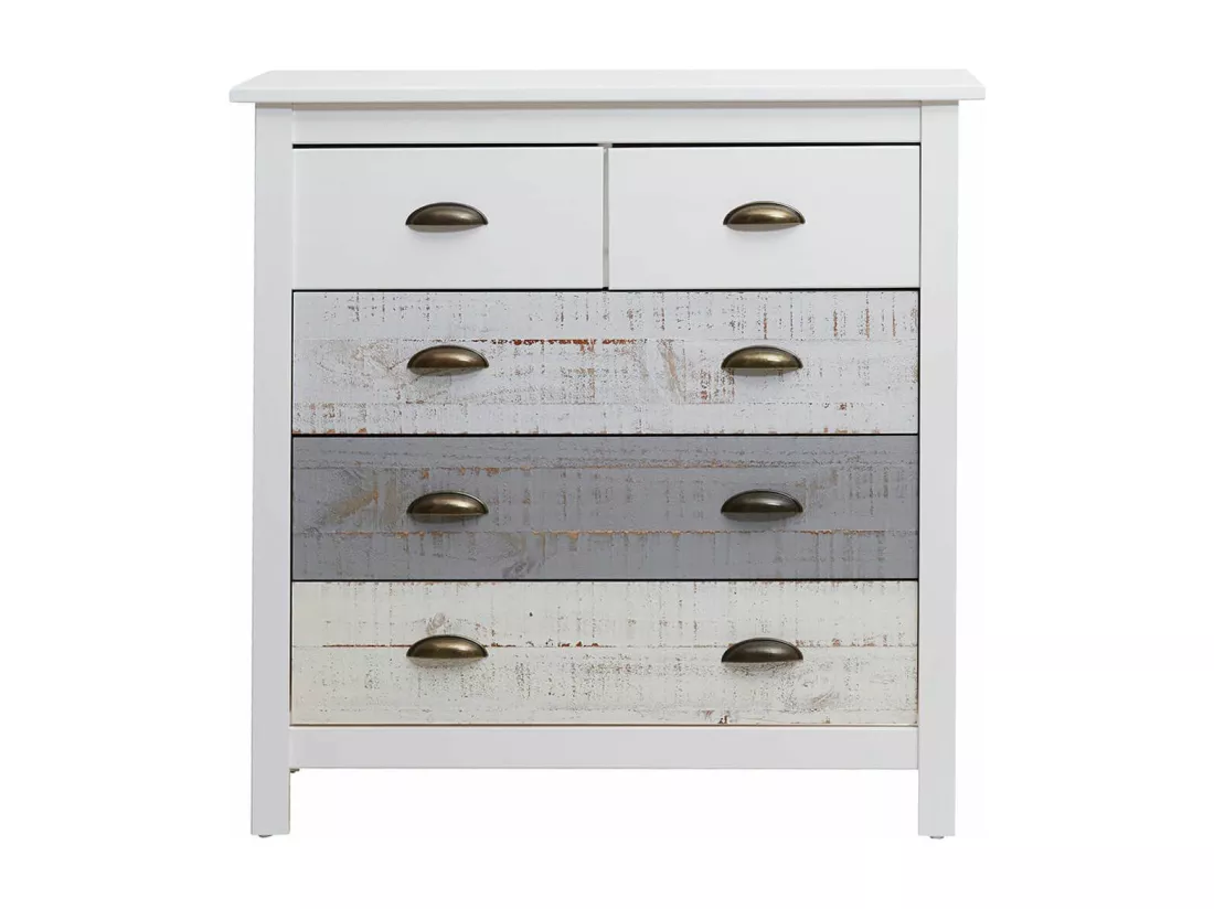 ROSALIA - Commode 5 Tiroirs Bois Aspect Vieilli Blanc et Grisé