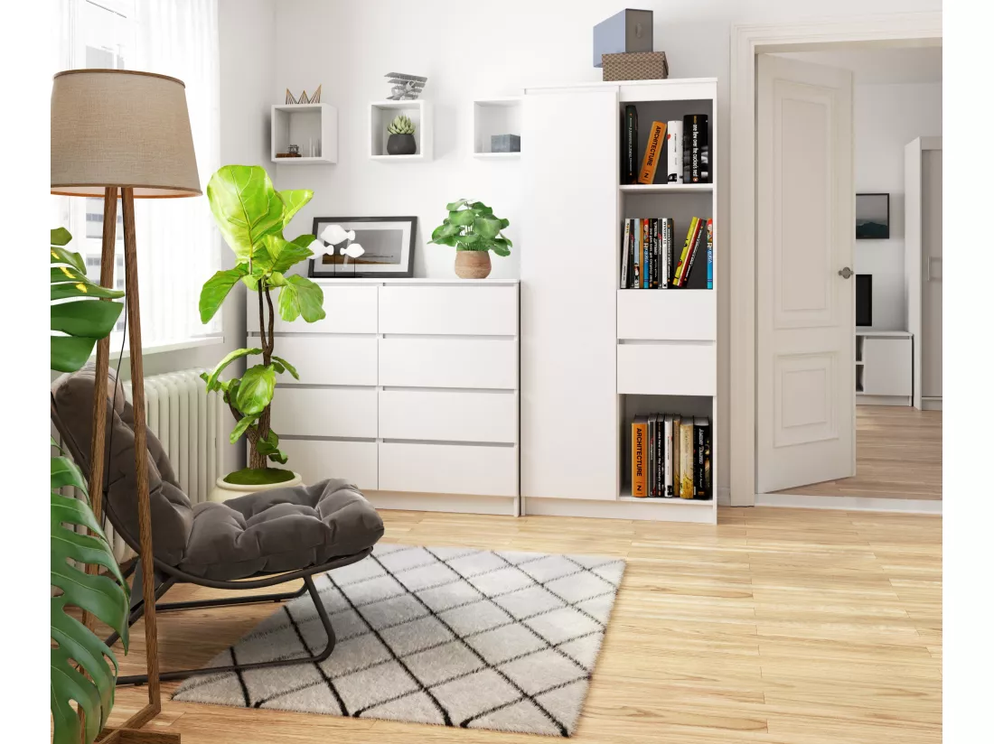 Bibliothèque de bureau AKORD R15 Blanche 80 cm 1 porte 2 tiroirs façade Blanche mat 7 étagères 80x35x180 cm